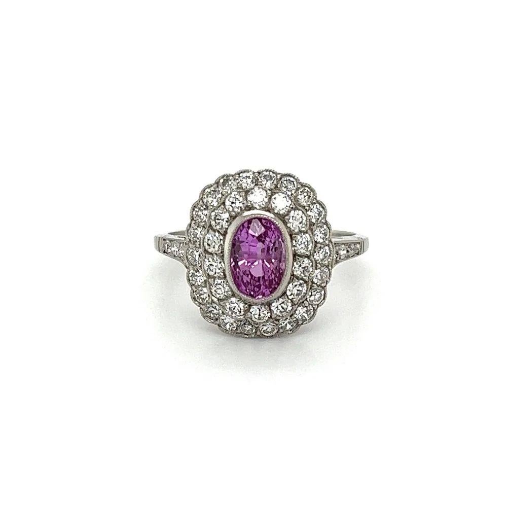 Mixed Cut 1.45 Carat Oval Pink Sapphire and OEC Diamond Vintage Platinum Double Halo Ring For Sale
