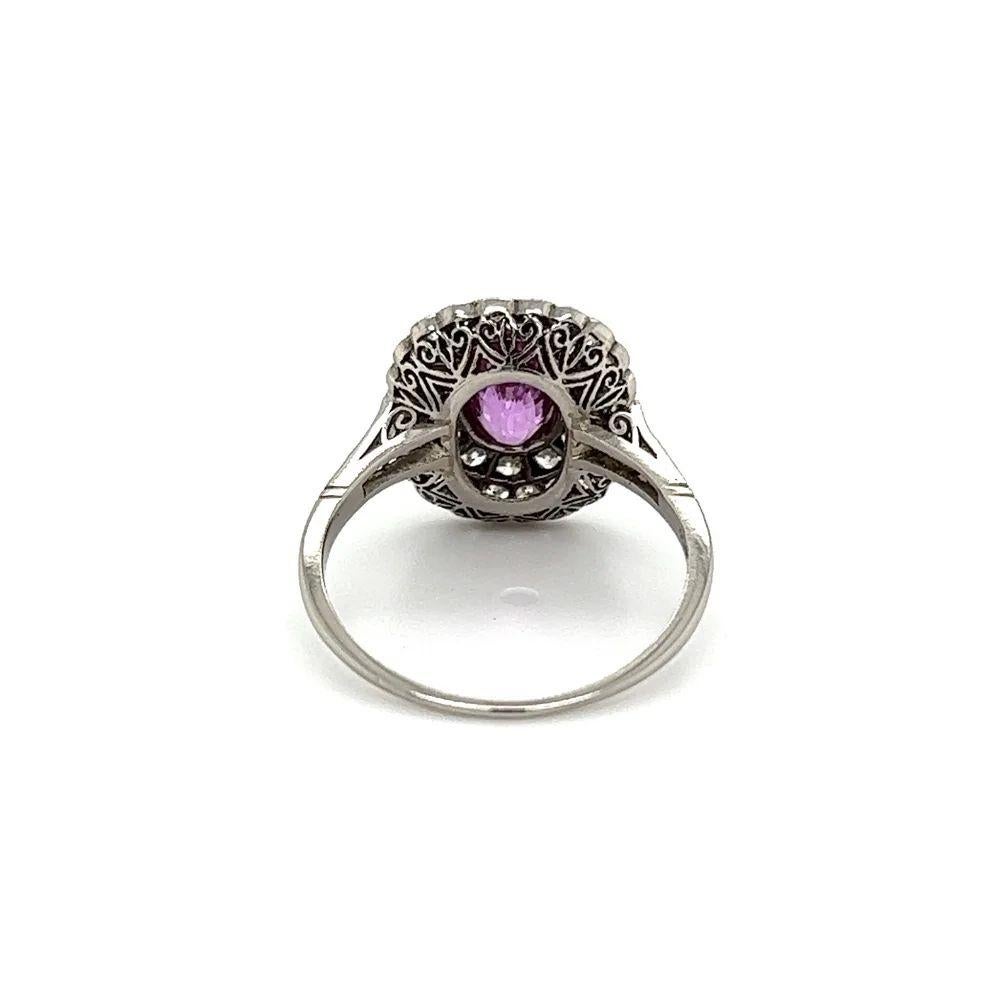 1.45 Carat Oval Pink Sapphire and OEC Diamond Vintage Platinum Double Halo Ring In Excellent Condition For Sale In Montreal, QC