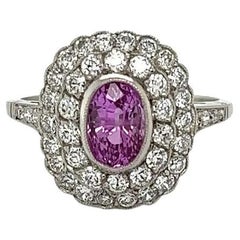 Bague double halo vintage en platine avec saphir rose ovale de 1,45 carat et diamants OEC