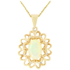 Oval Opal Diamond Sunflower Pendant 14 Karat Yellow Gold