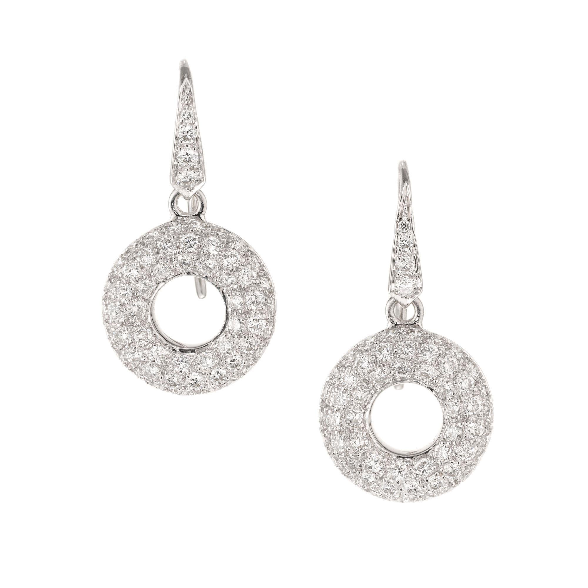 Women's 1.45 Carat Pave Diamond White Gold Dangle Earrings For Sale