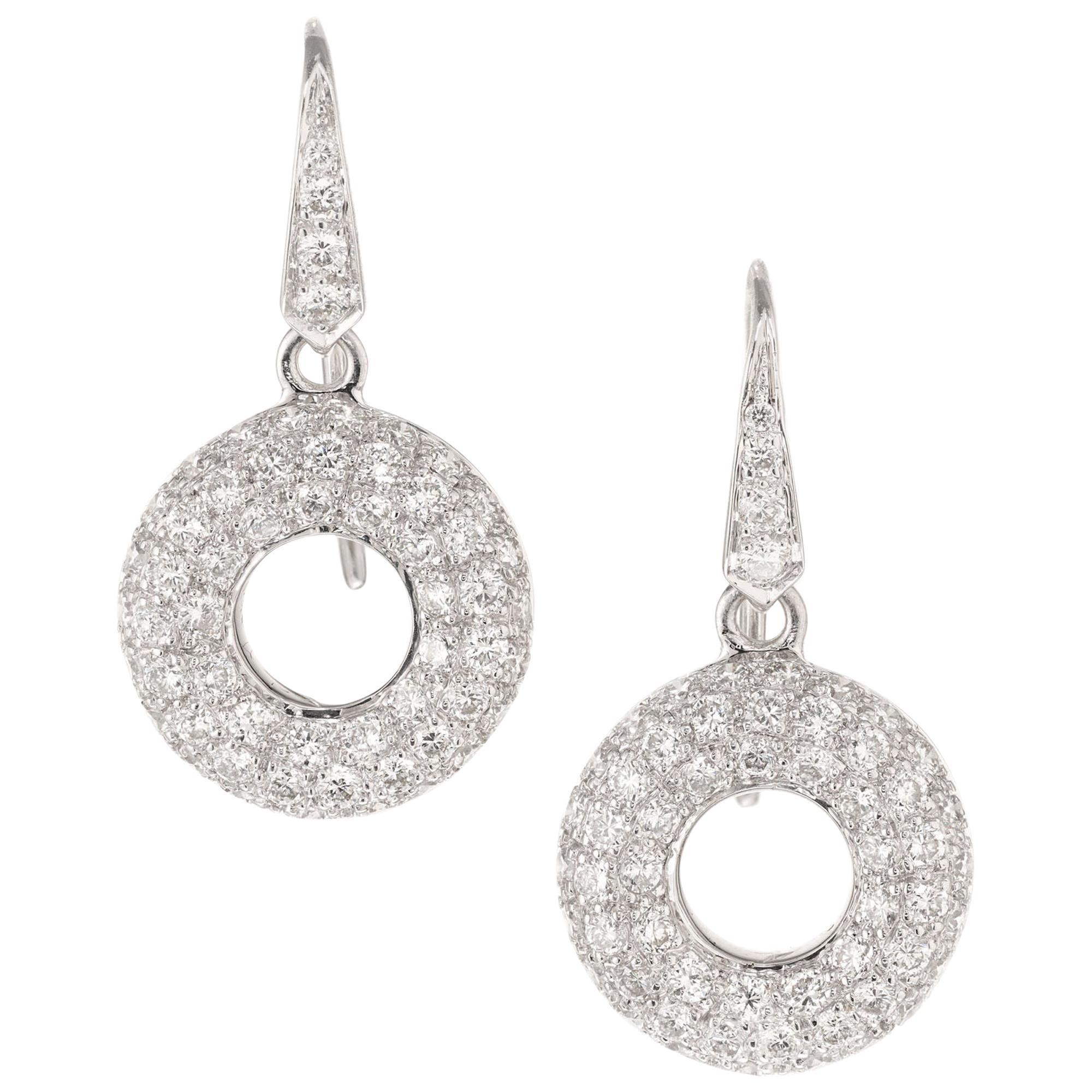 1.45 Carat Pave Diamond White Gold Dangle Earrings For Sale