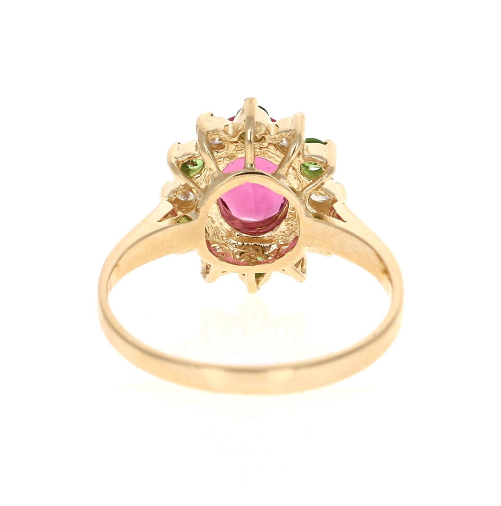 Contemporary 1.45 Carat Pink Tourmaline Tsavorite Diamond 14 Karat White Gold Ring For Sale