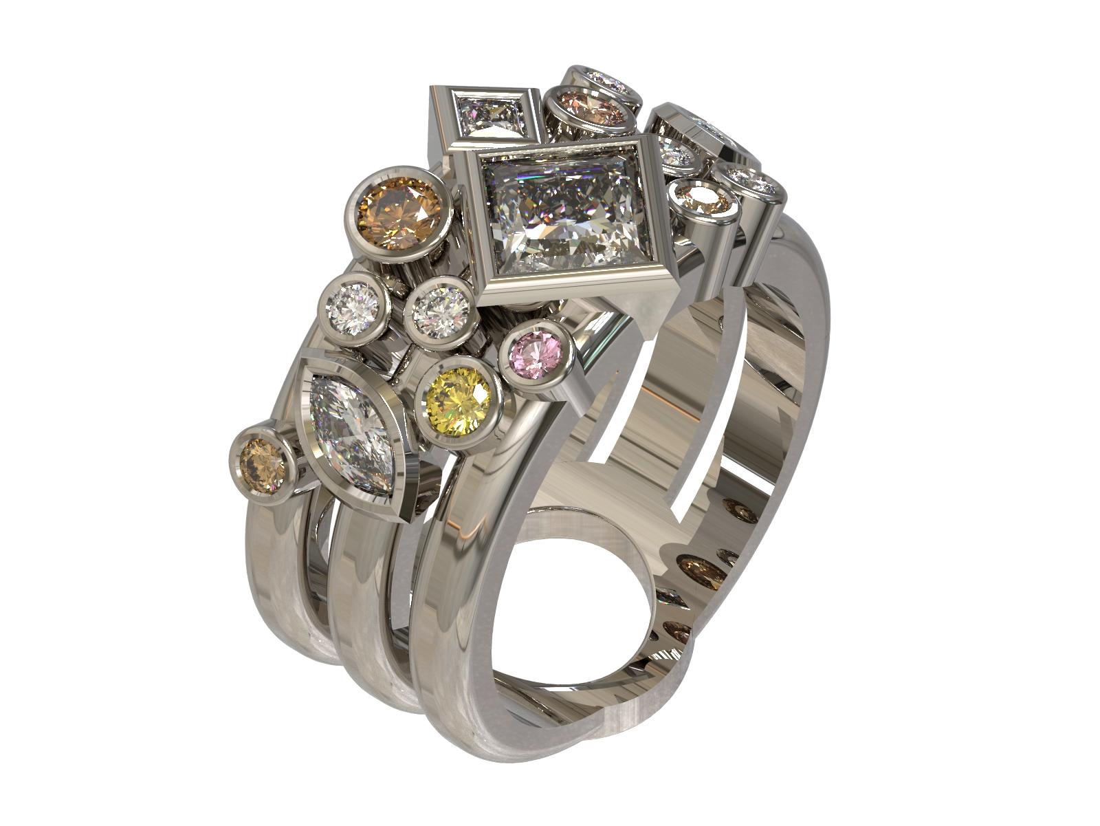 Multi-Color Diamante Ring

This eye-catching 18 carat white gold ring has been sold but we are able to remake this ring with your choice of metal and gemstones. This ring features multi-color and multi shape diamonds. A large white princess cut