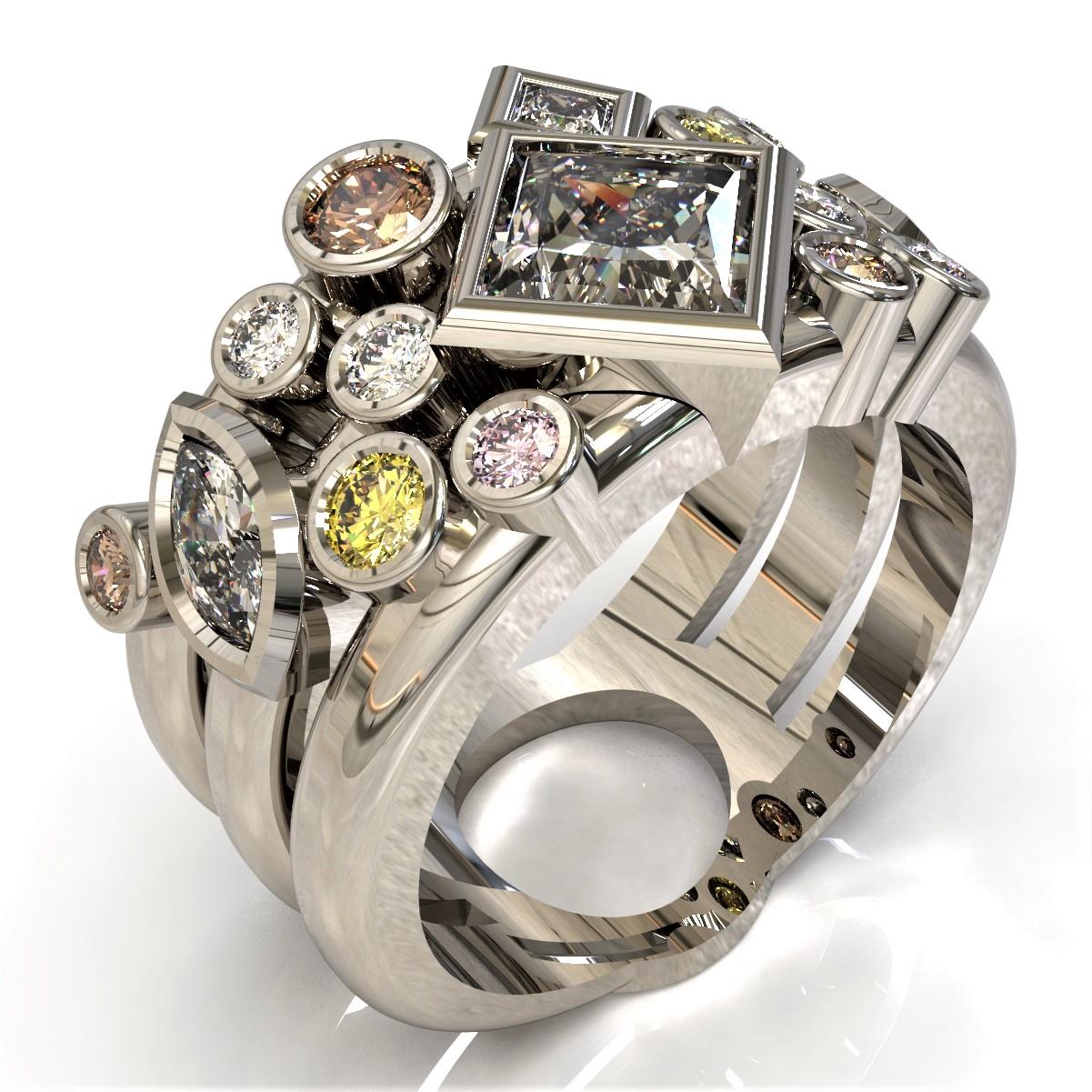 Art Deco 1.45 Carat Princess Cut Marquise Round Brilliant Cut Diamond Engagement Ring For Sale