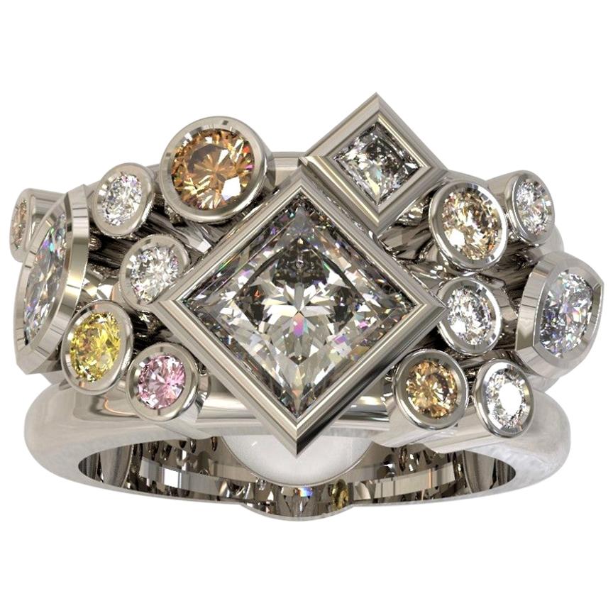 1.45 Carat Princess Cut Marquise Round Brilliant Cut Diamond Engagement Ring For Sale