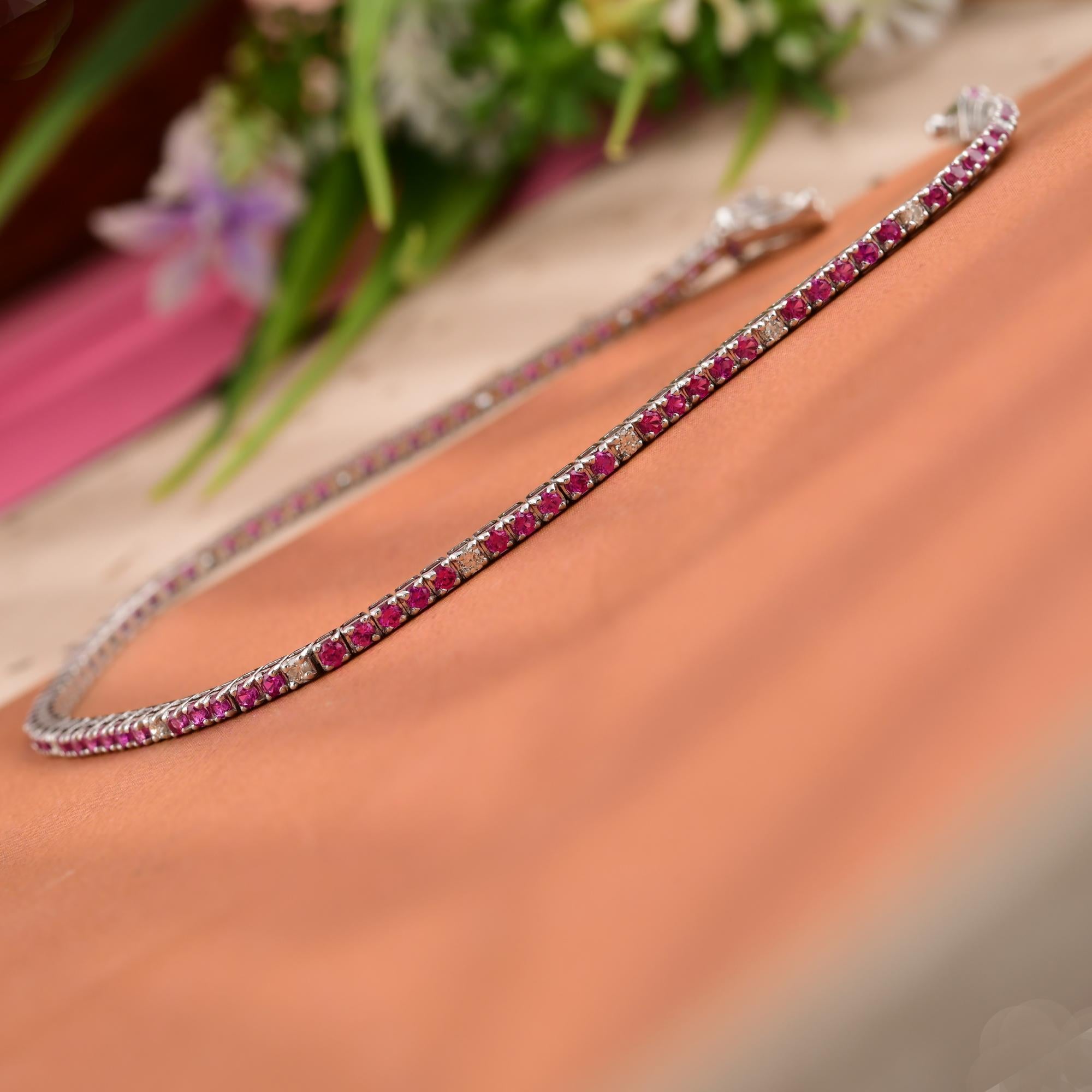 1.45 Carat Red Gemstone Tennis Bracelet 0.22 Ct SI/H Diamond 10 Karat White Gold For Sale 1