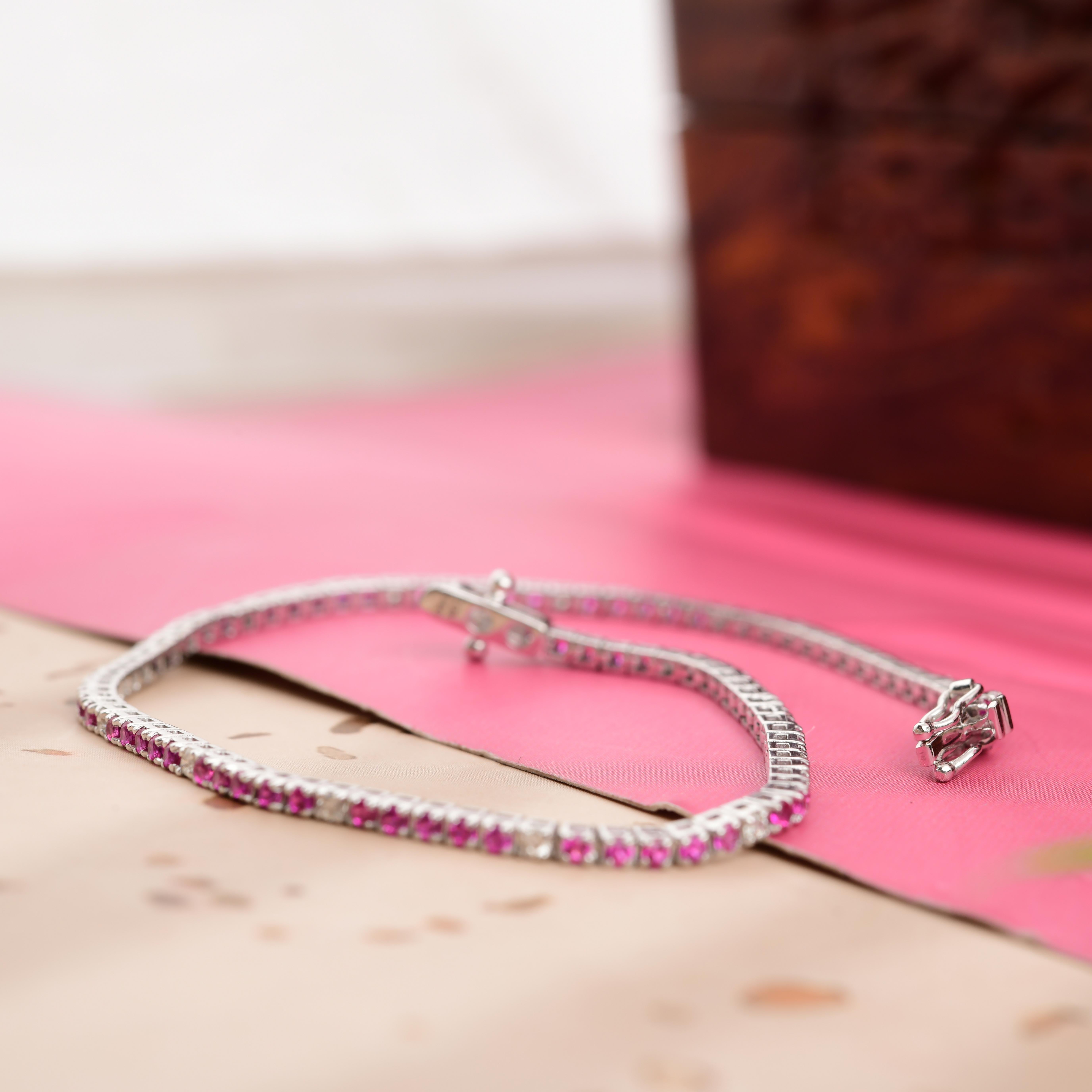 1.45 Carat Red Gemstone Tennis Bracelet 0.22 Ct SI/H Diamond 10 Karat White Gold For Sale 4
