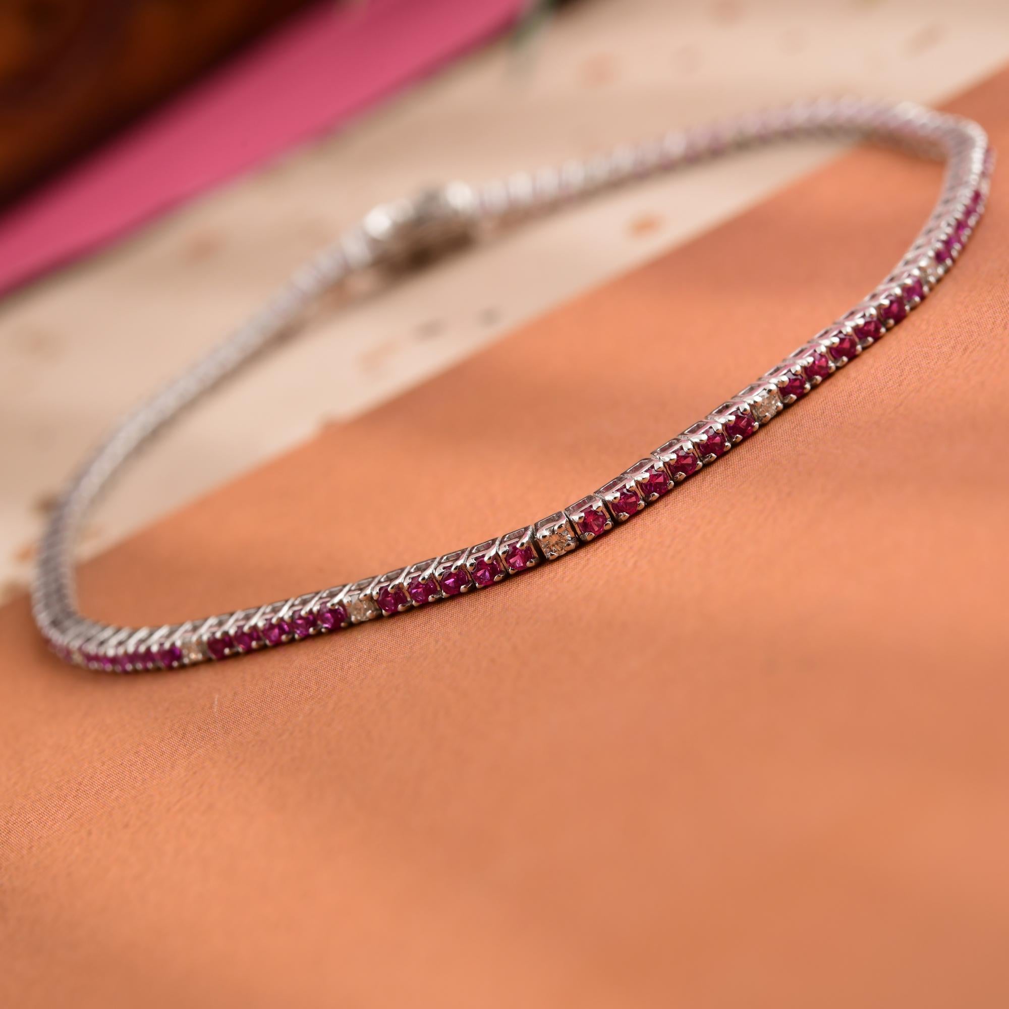 1.45 Carat Red Gemstone Tennis Bracelet 0.22 Ct SI/H Diamond 10 Karat White Gold For Sale 6