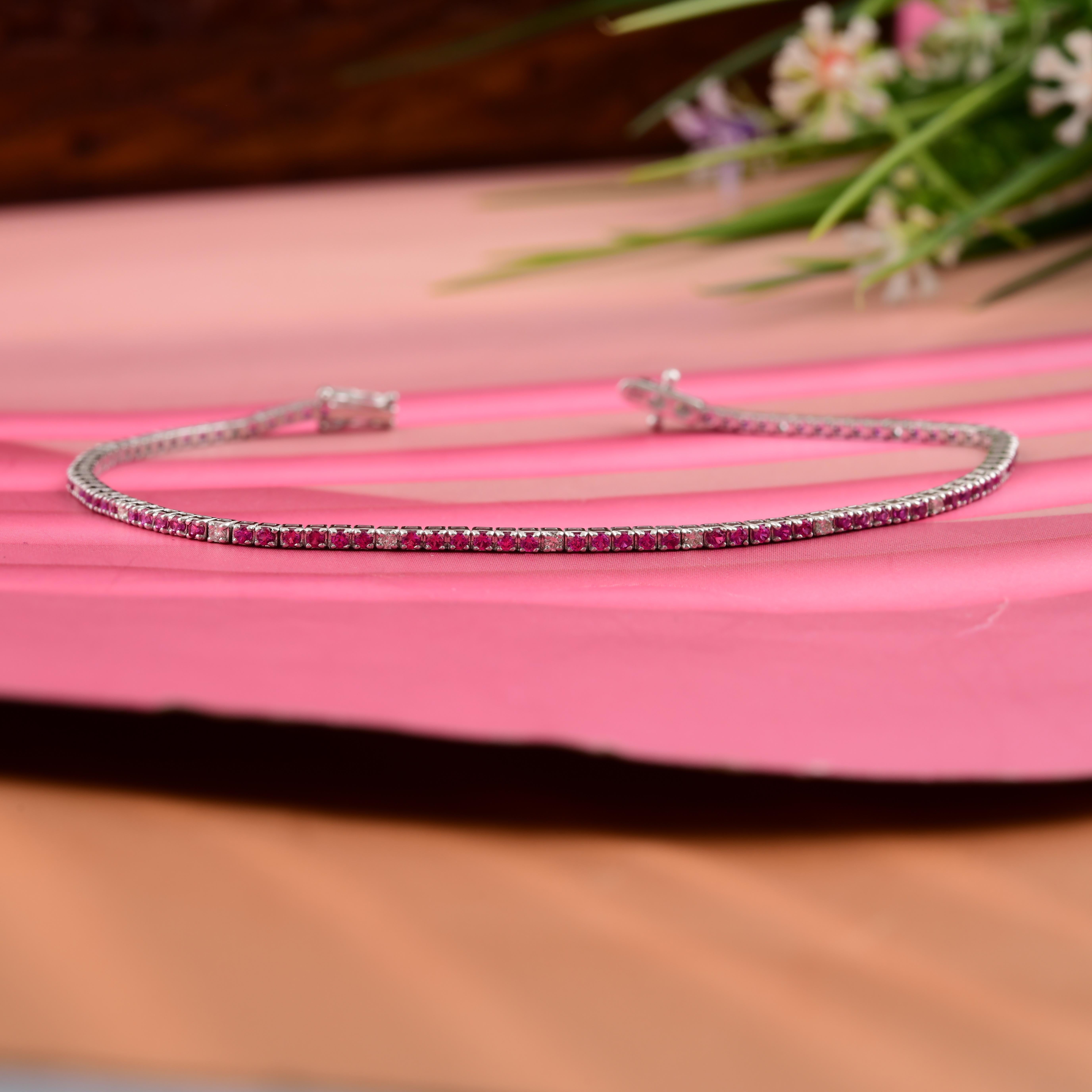 1.45 Carat Red Gemstone Tennis Bracelet 0.22 Ct SI/H Diamond 10 Karat White Gold For Sale 10