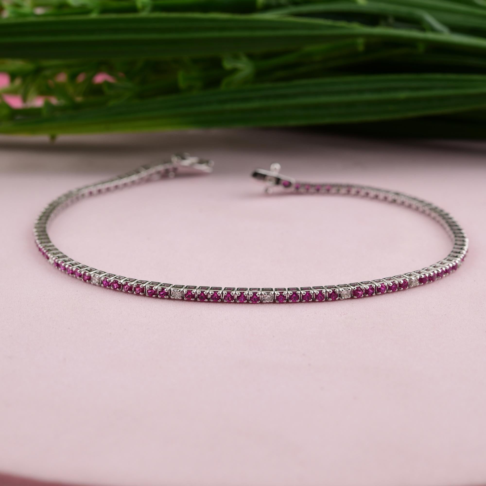 Round Cut 1.45 Carat Red Gemstone Tennis Bracelet 0.22 Ct SI/H Diamond 10 Karat White Gold For Sale