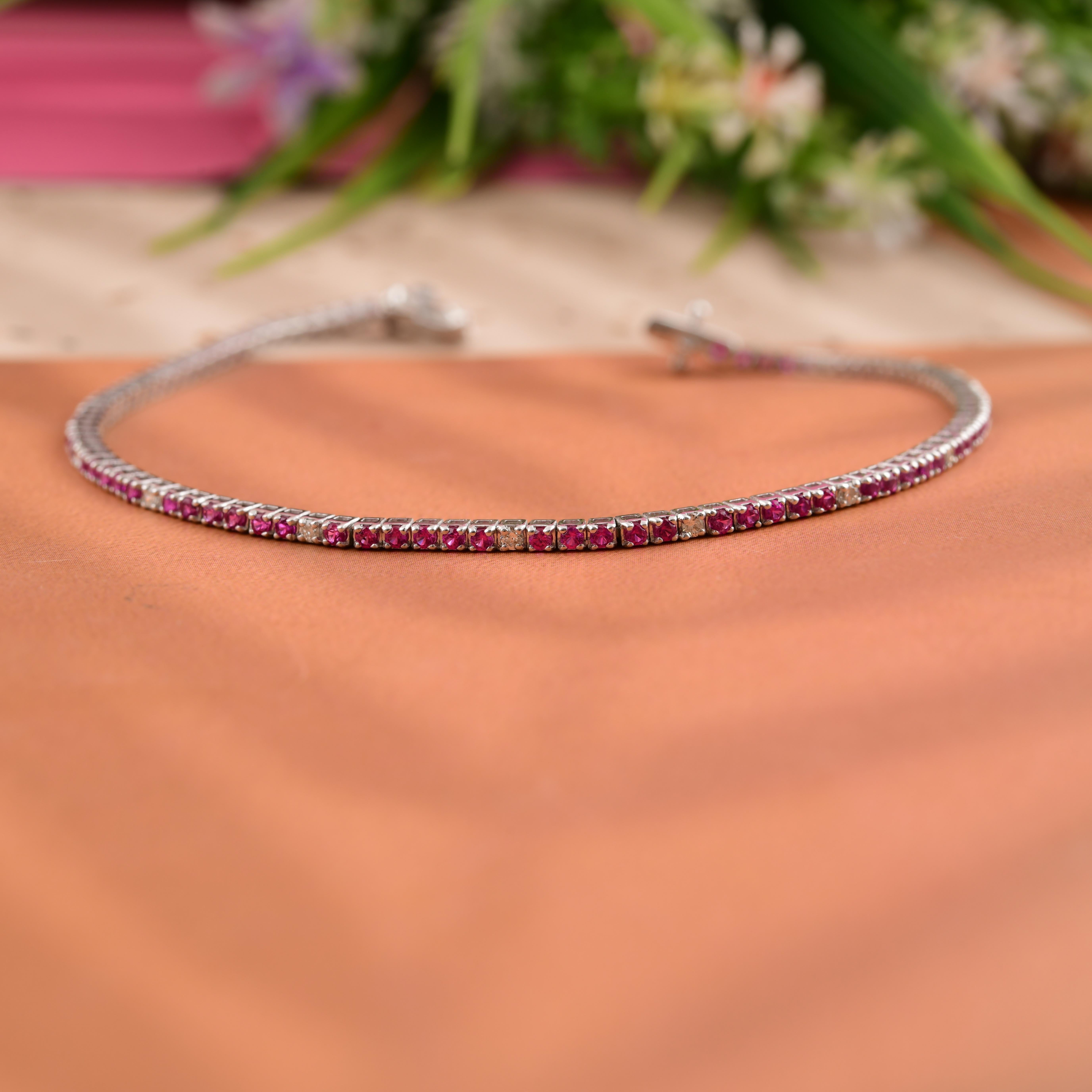 Women's 1.45 Carat Red Gemstone Tennis Bracelet 0.22 Ct SI/H Diamond 10 Karat White Gold For Sale