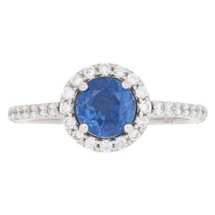 1.45 Carat Round Cut Sapphire and Diamond Engagement Ring, 14 Karat Gold Halo