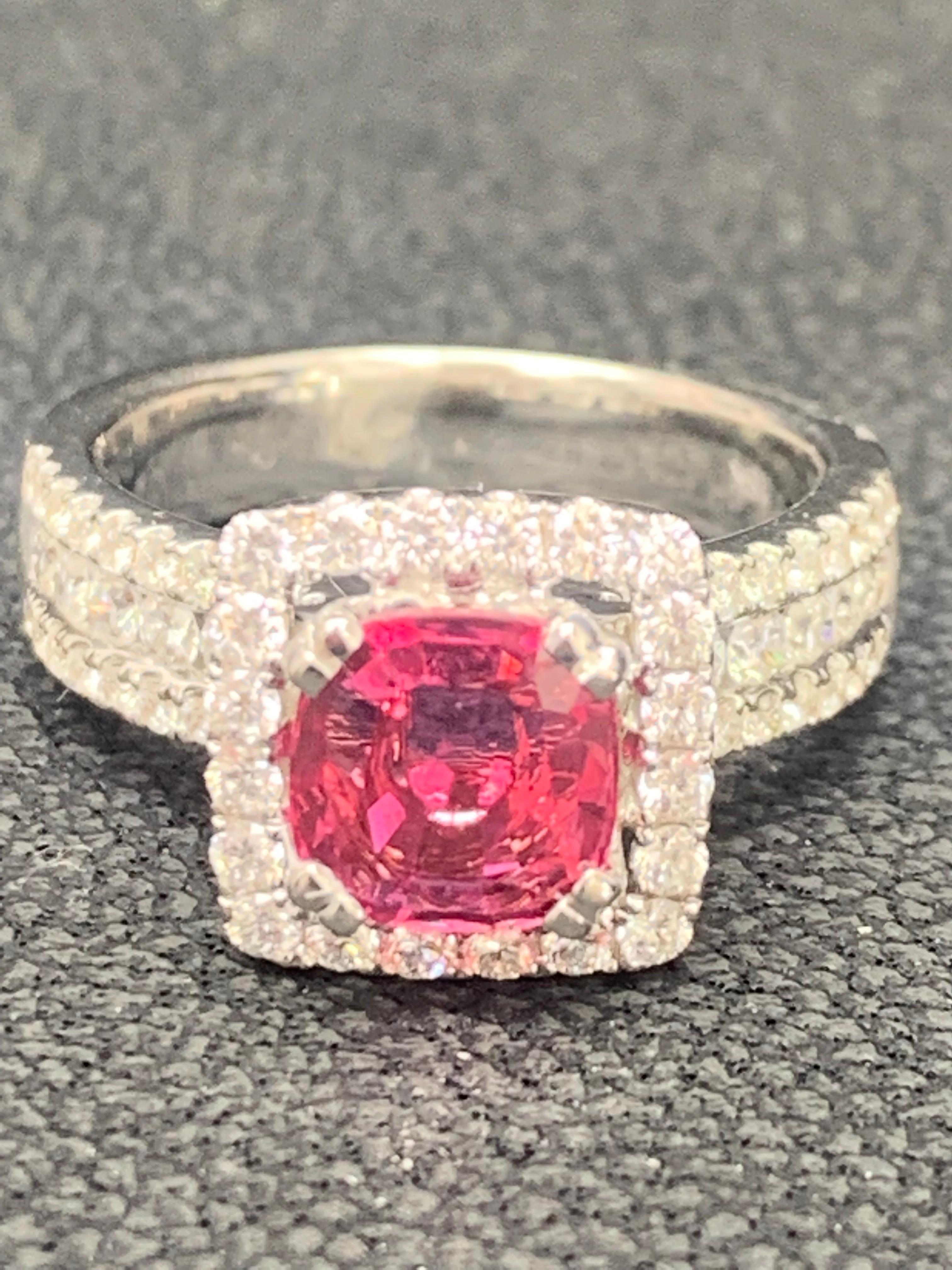 1.45 Carat Round Shape Ruby and Diamond Halo Ring in 18K White Gold For Sale 6