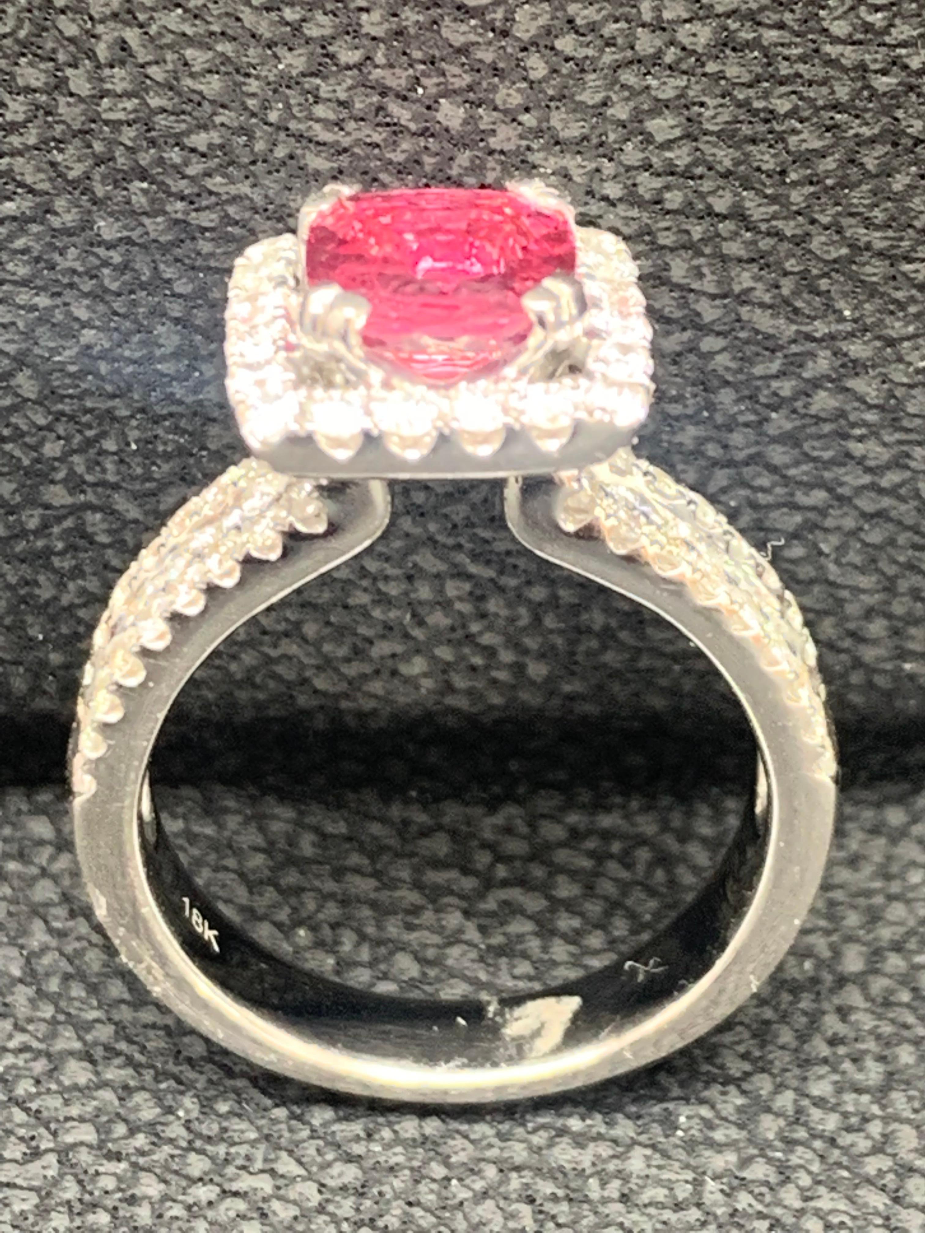 1.45 Carat Round Shape Ruby and Diamond Halo Ring in 18K White Gold For Sale 11