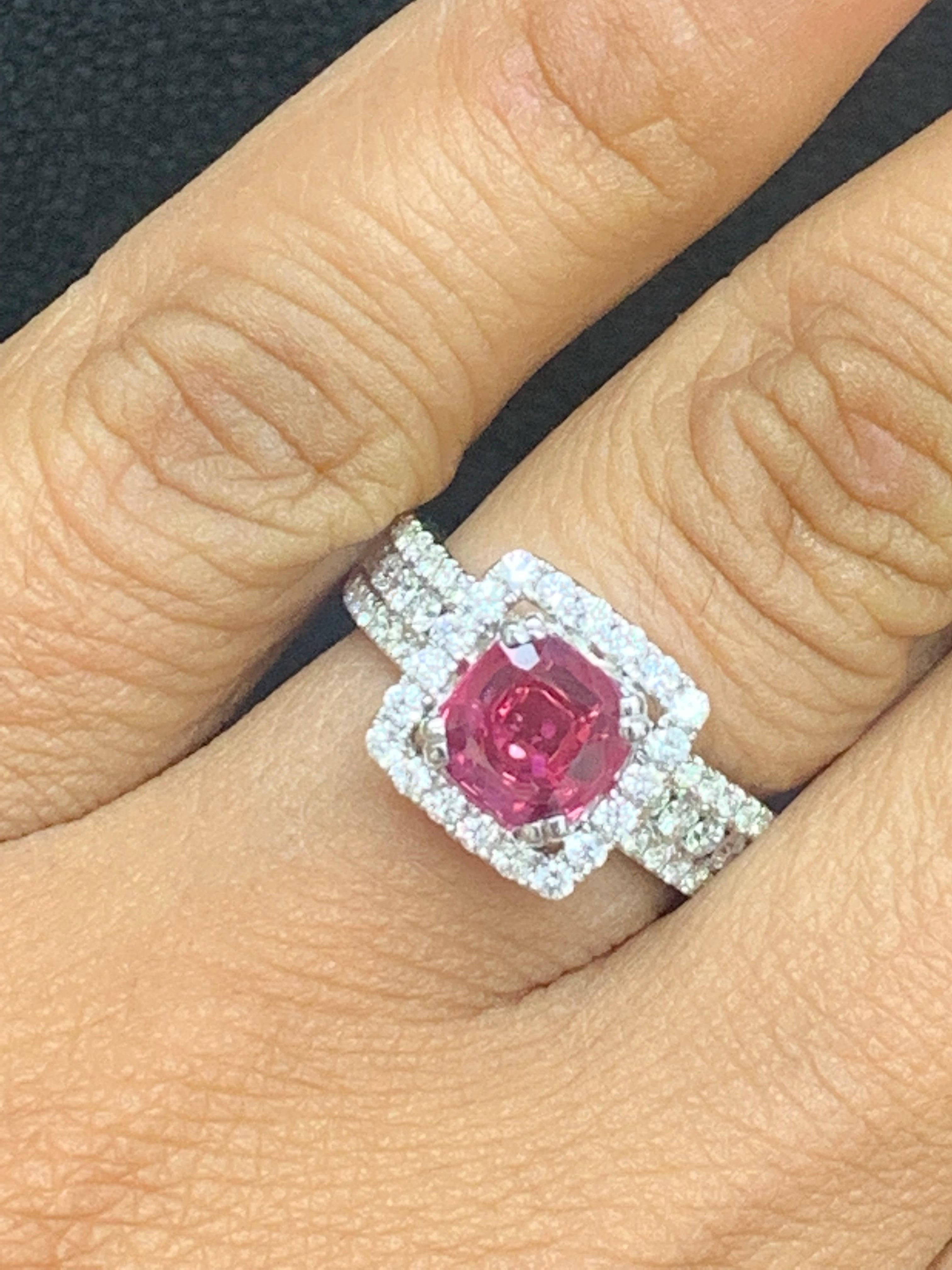 Contemporary 1.45 Carat Round Shape Ruby and Diamond Halo Ring in 18K White Gold For Sale