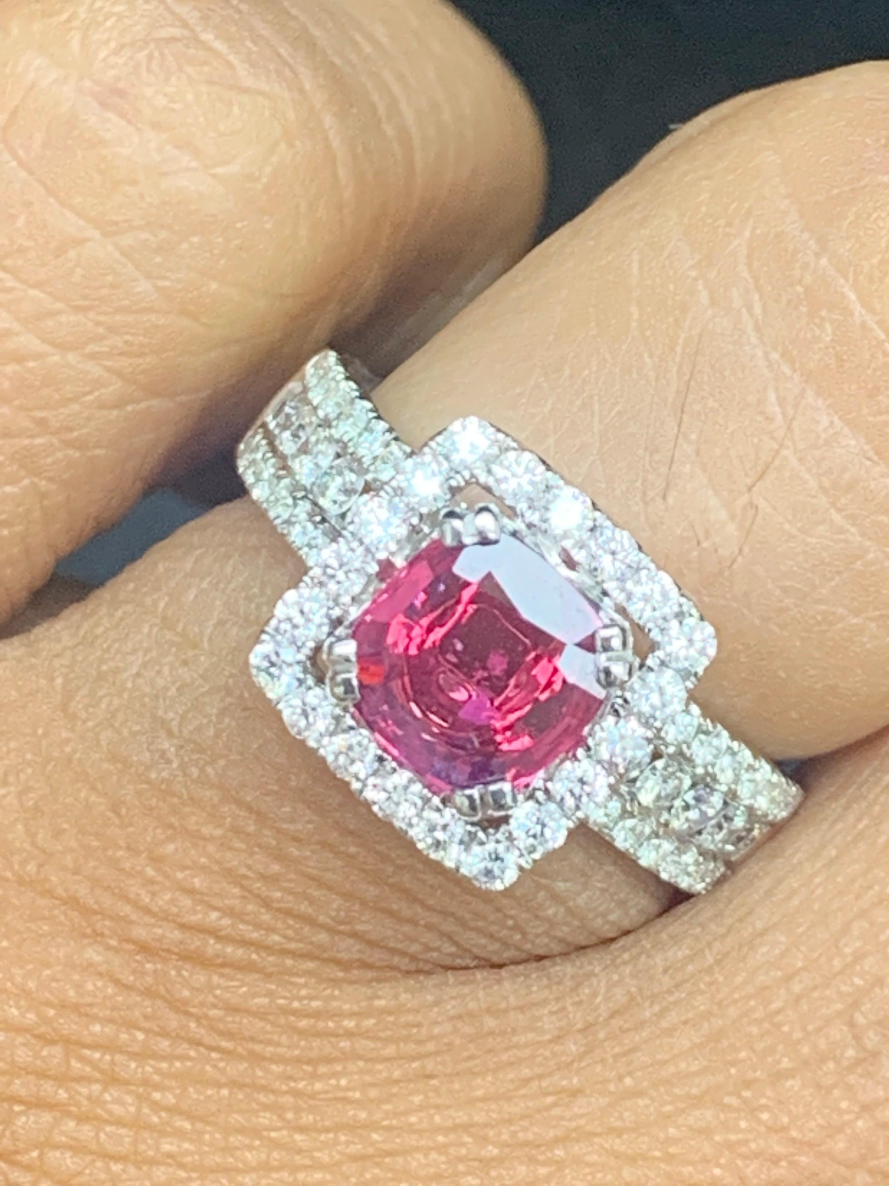 Round Cut 1.45 Carat Round Shape Ruby and Diamond Halo Ring in 18K White Gold For Sale