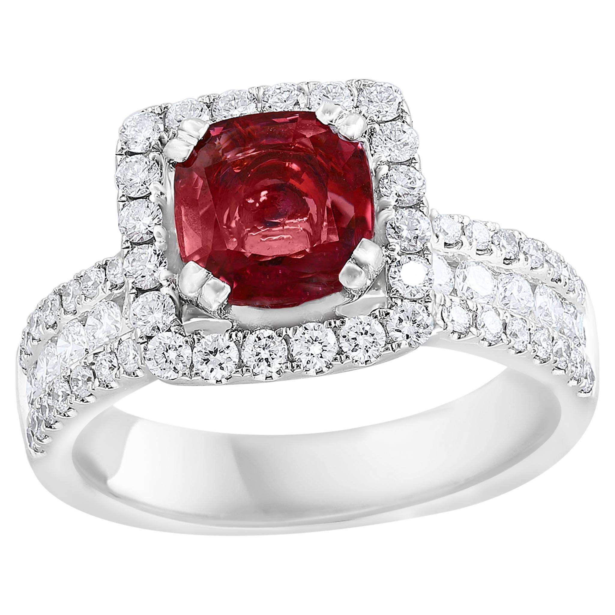 1.45 Carat Round Shape Ruby and Diamond Halo Ring in 18K White Gold For Sale