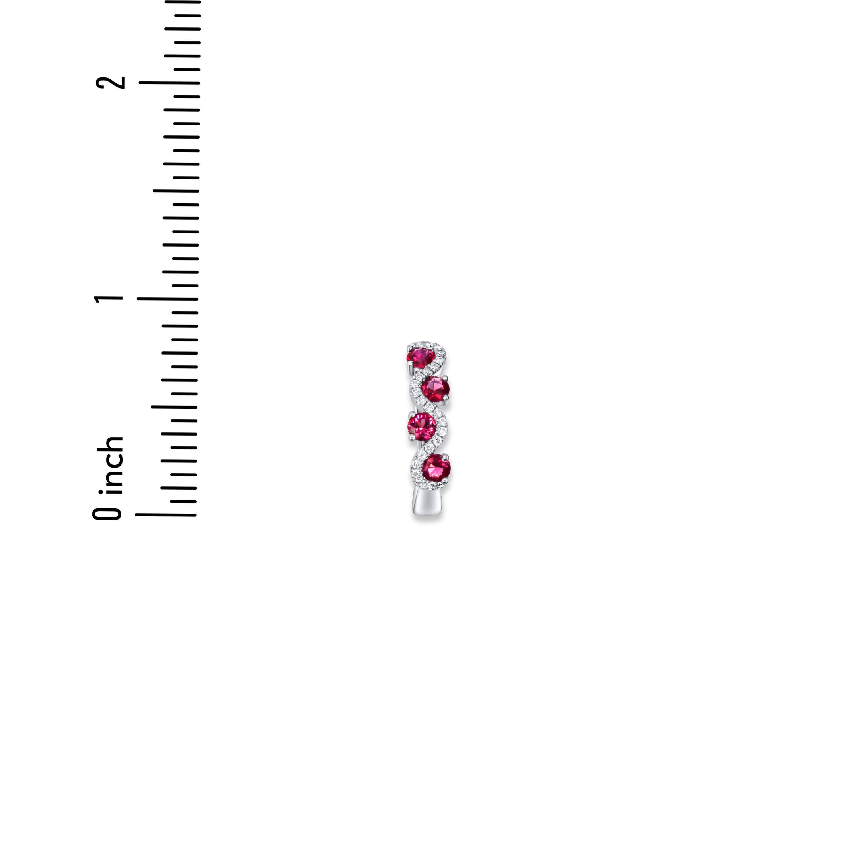 Round Cut 1.45 Carat Ruby and Diamond Hoop Earrings in 14k White Gold ref1922 For Sale