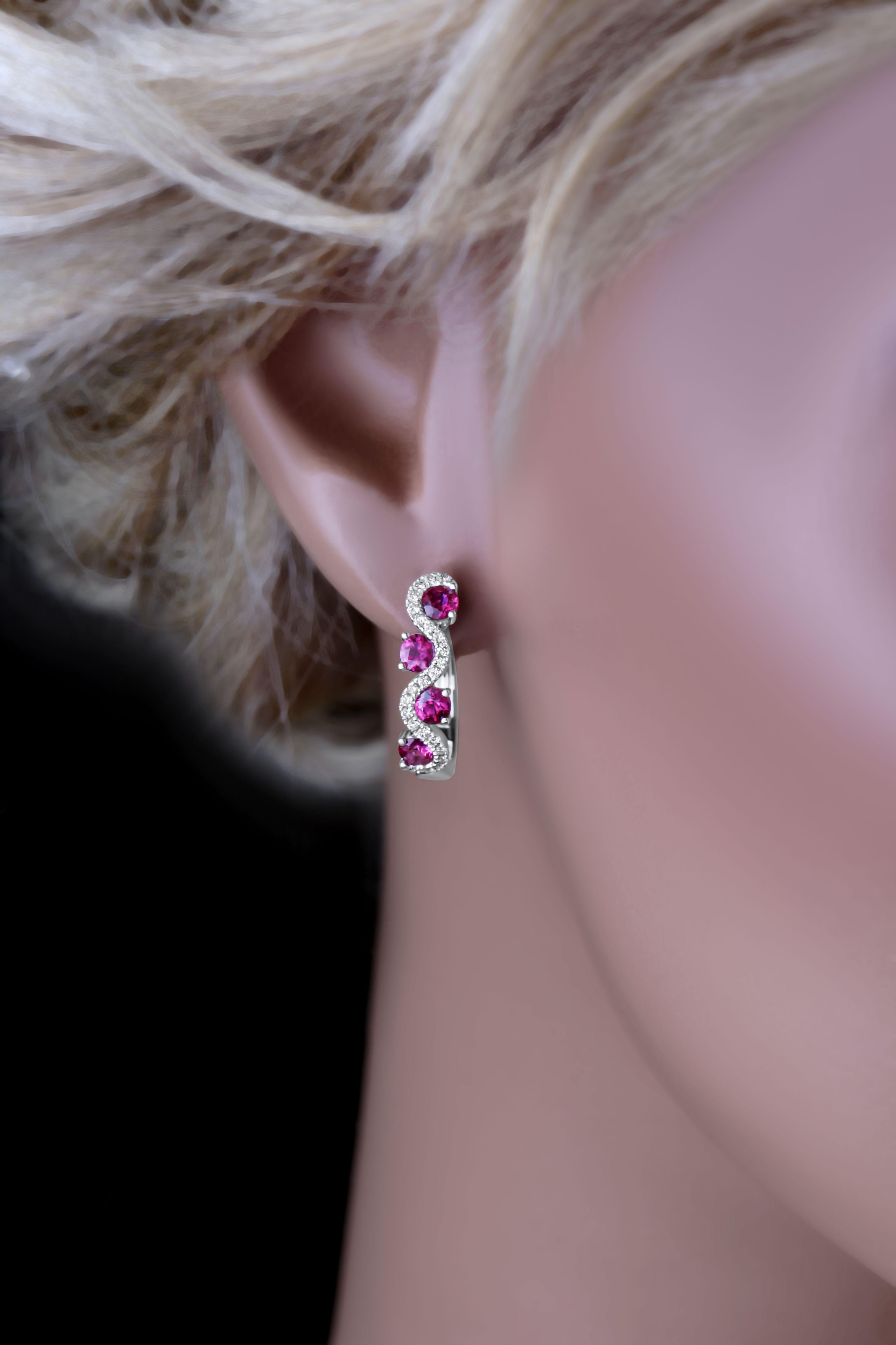 1.45 Carat Ruby and Diamond Hoop Earrings in 14k White Gold ref1922 In New Condition For Sale In New York, NY