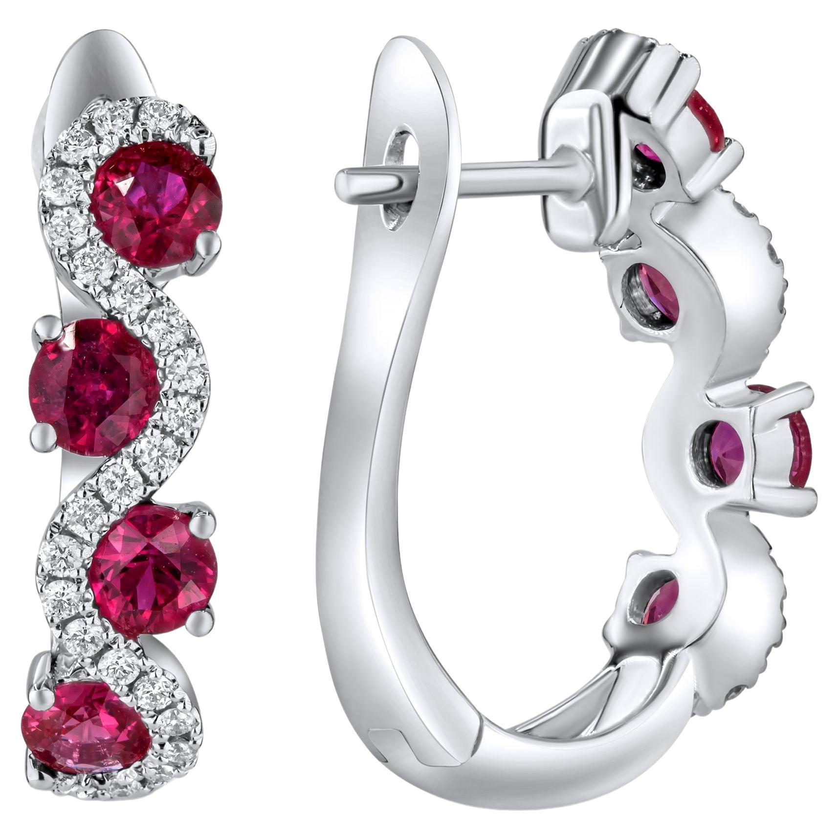 1.45 Carat Ruby and Diamond Hoop Earrings in 14k White Gold ref1922 For Sale