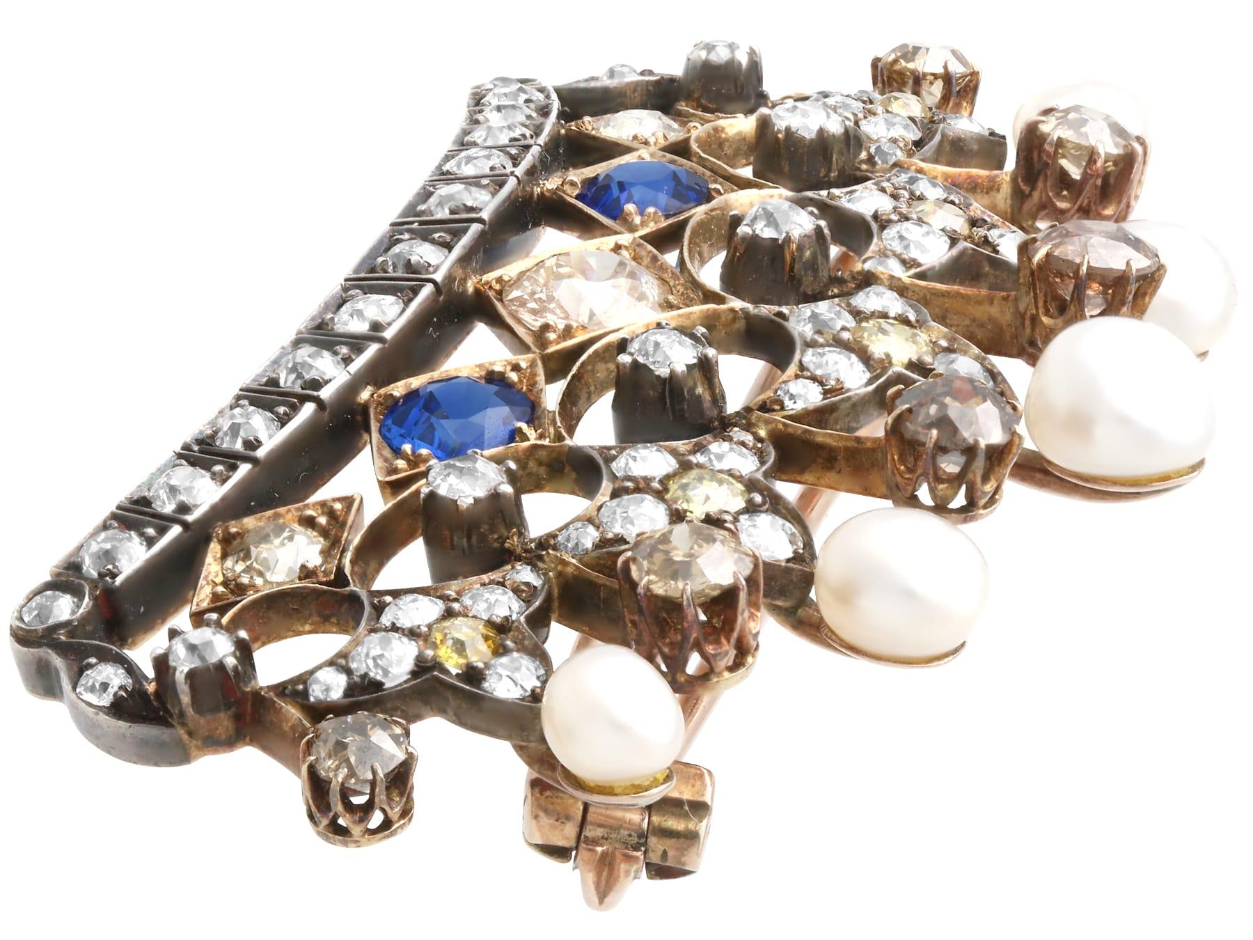 1.45 Carat Sapphire, 6.16 Carat Diamond and Natural Pearl Gold Crown Brooch In Excellent Condition For Sale In Jesmond, Newcastle Upon Tyne