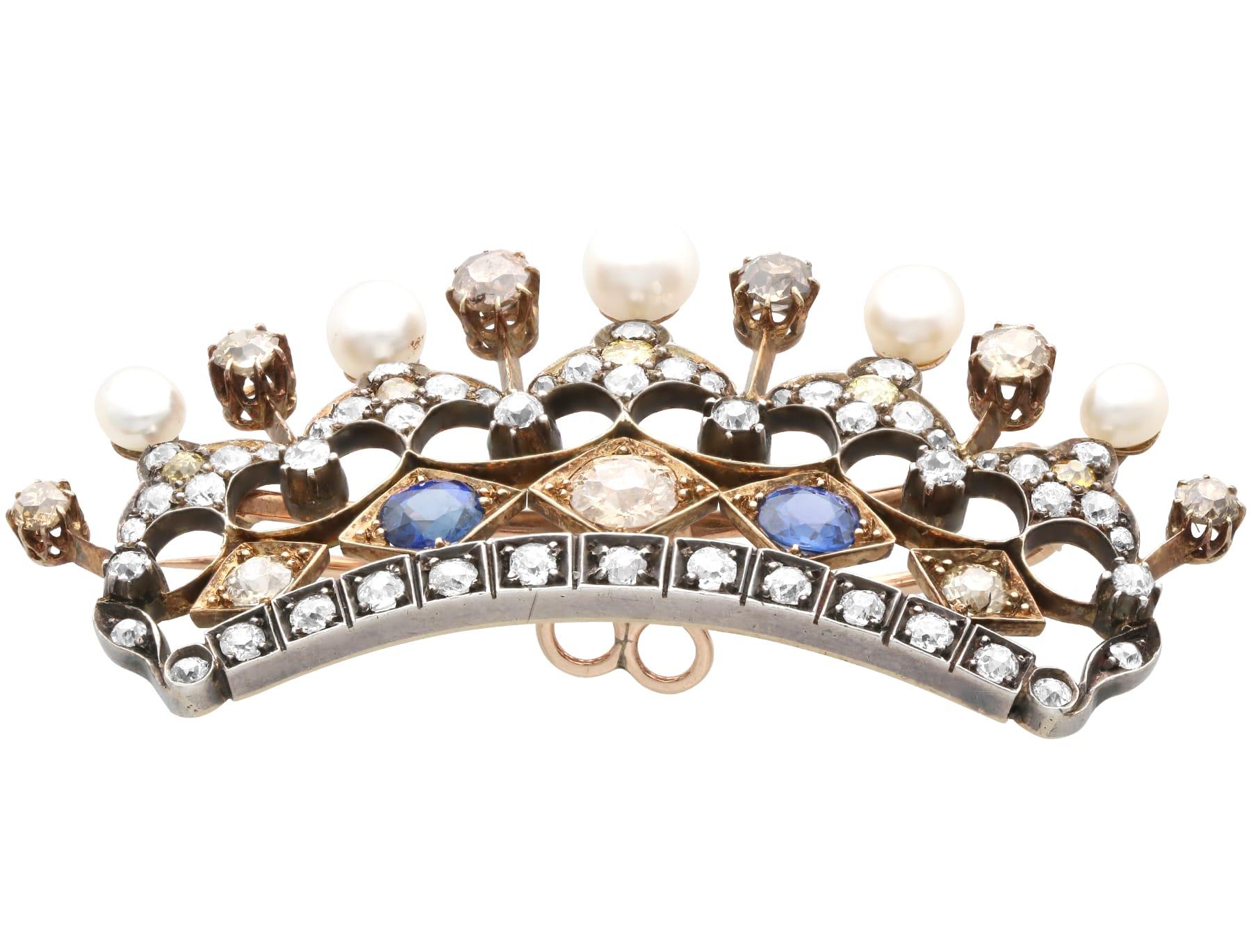 Women's or Men's 1.45 Carat Sapphire, 6.16 Carat Diamond and Natural Pearl Gold Crown Brooch For Sale