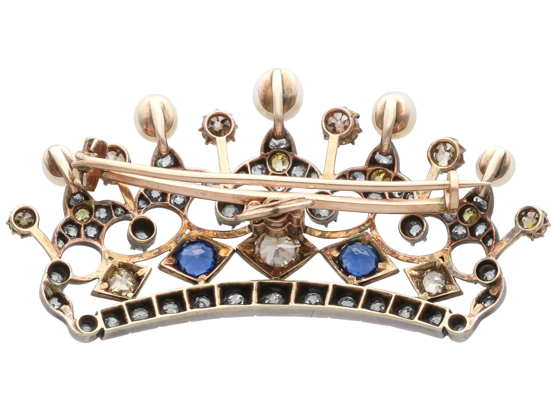1.45 Carat Sapphire, 6.16 Carat Diamond and Natural Pearl Gold Crown Brooch For Sale 1