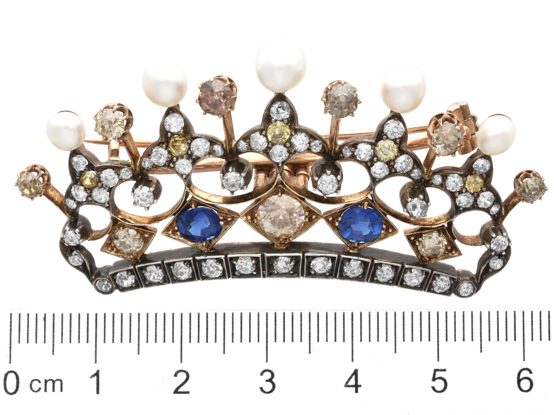 1.45 Carat Sapphire, 6.16 Carat Diamond and Natural Pearl Gold Crown Brooch For Sale 3