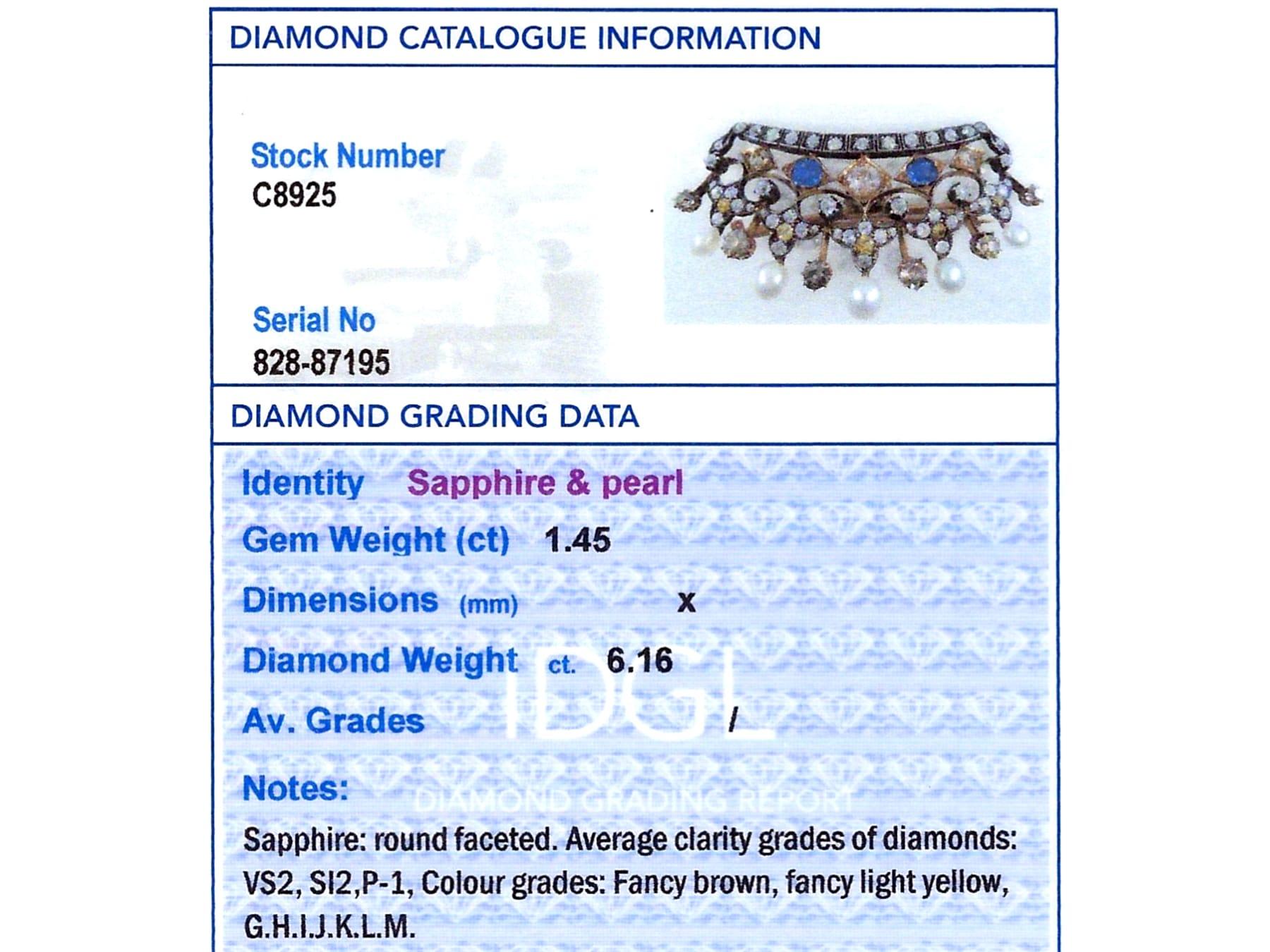 1.45 Carat Sapphire, 6.16 Carat Diamond and Natural Pearl Gold Crown Brooch For Sale 4