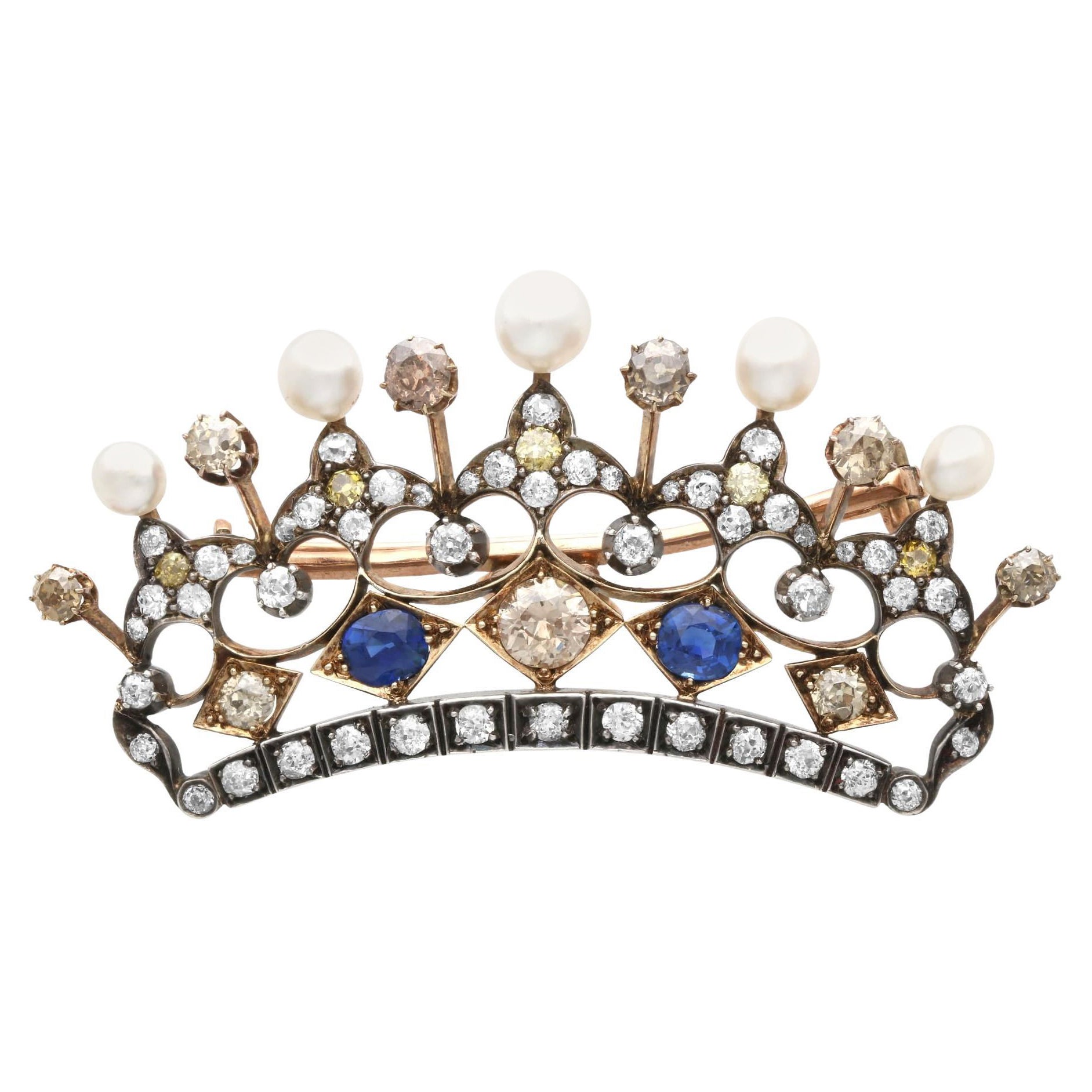 1.45 Carat Sapphire, 6.16 Carat Diamond and Natural Pearl Gold Crown Brooch