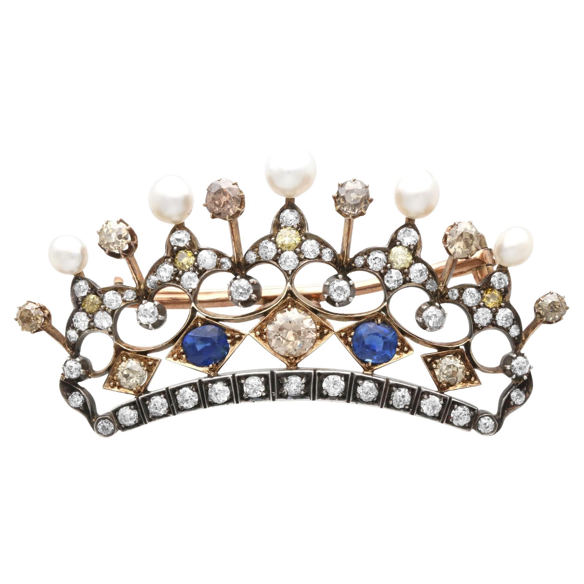 1.45 Carat Sapphire, 6.16 Carat Diamond and Natural Pearl Gold Crown Brooch