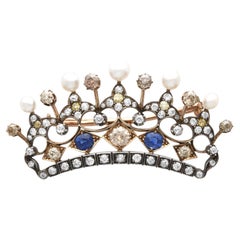 Antique 1.45 Carat Sapphire, 6.16 Carat Diamond and Natural Pearl Gold Crown Brooch