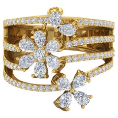 Bague fleur en diamant de 1,45 carat, pureté SI, couleur HI, en or jaune 18 carats.
