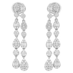 1.45 Carat SI/H Diamond Cluster 14 Karat White Gold Long Dangle Earrings