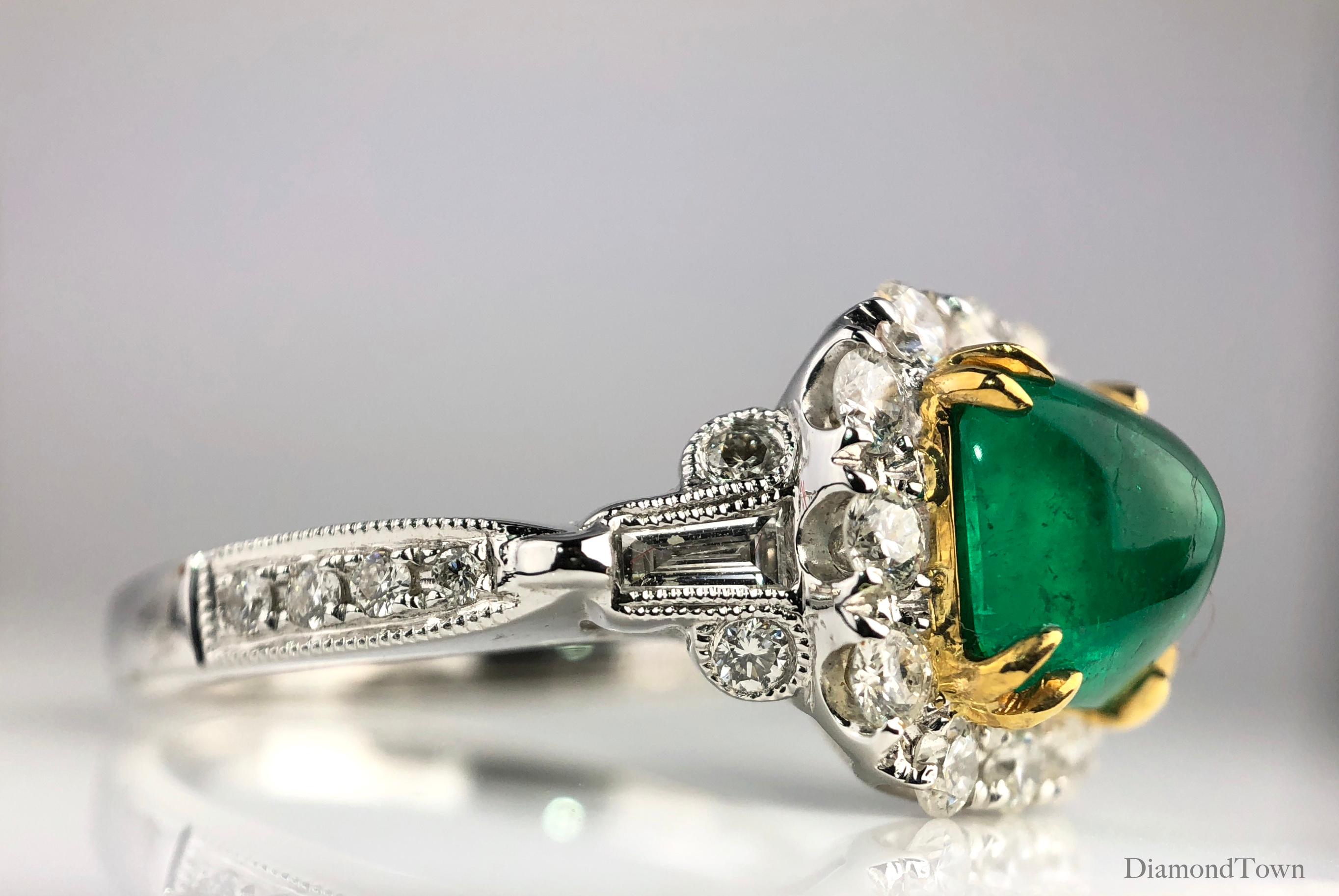 Contemporary DiamondTown 1.45 Carat Sugarloaf Emerald and Diamond Ring in 18k Gold