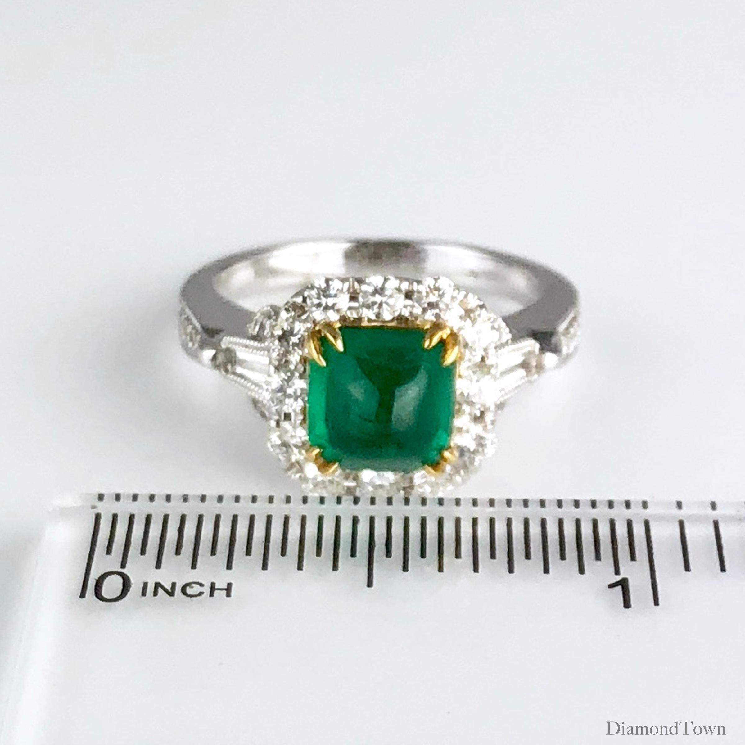 DiamondTown 1.45 Carat Sugarloaf Emerald and Diamond Ring in 18k Gold In New Condition In New York, NY