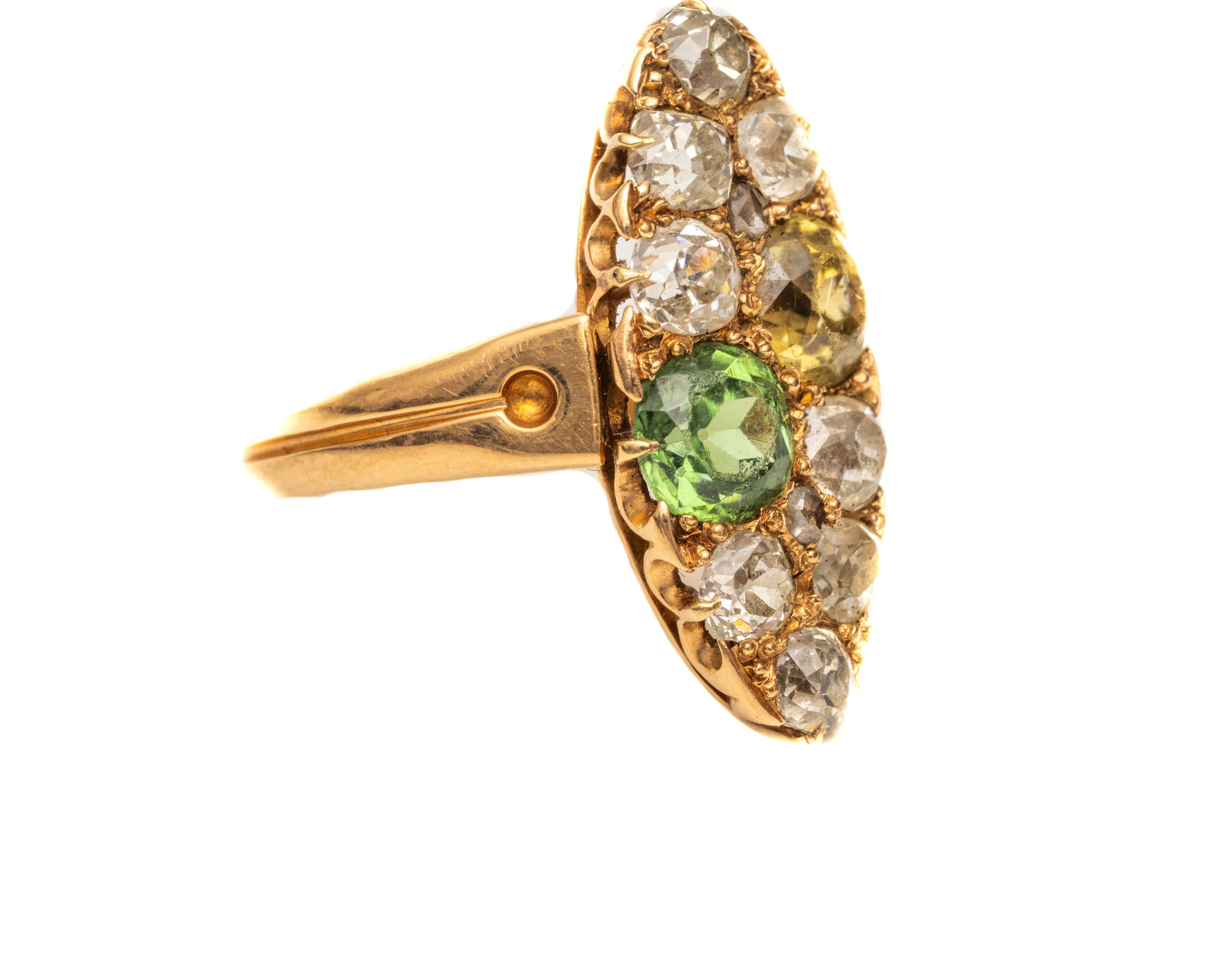 Ring Details:
Metal type: 14 Karat Yellow Gold
Weight: 4.26 grams
Size: 4.5 (sizable) 

Diamond Details:
Cut: Old Miner
Carat: 1.45 Carat Total Weight (8 stones)
Color: H-I
Clarity: VS - SI

Accent gemstones - green and orange zircon gemstones in