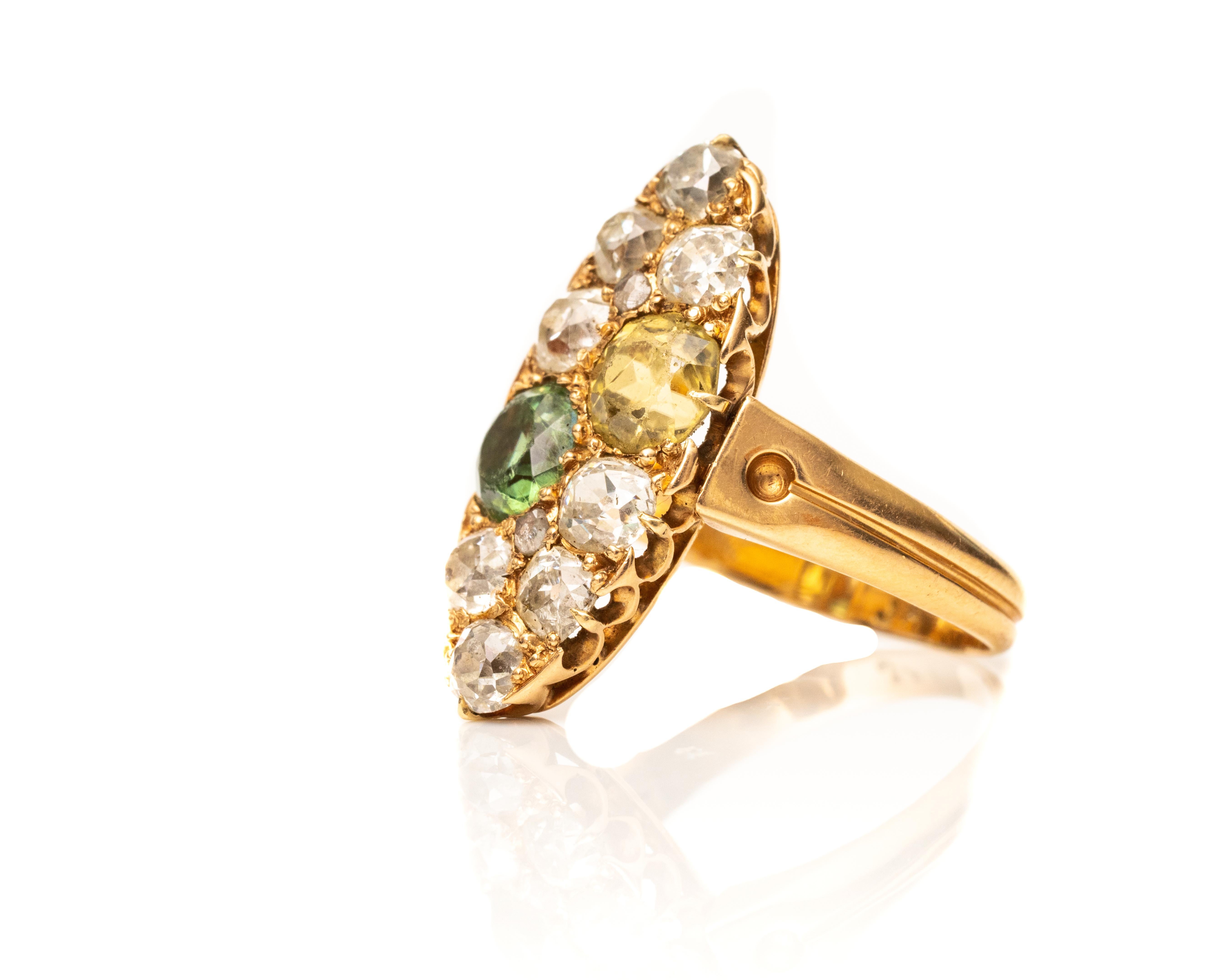 Early Victorian 1.45 Carat Total Old Mine Diamond and Multi Zircon Gemstone Victorian Gold Ring