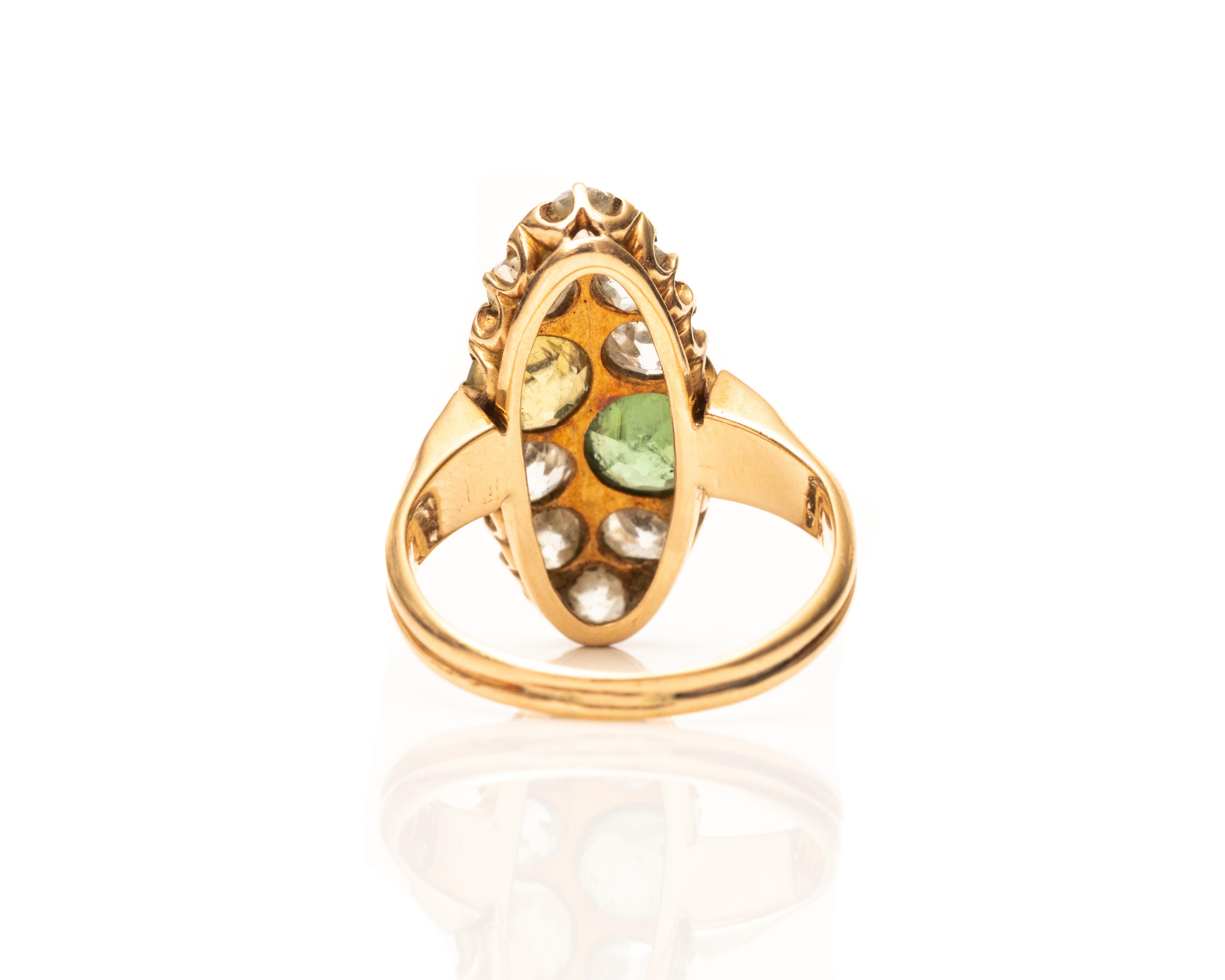 Old Mine Cut 1.45 Carat Total Old Mine Diamond and Multi Zircon Gemstone Victorian Gold Ring