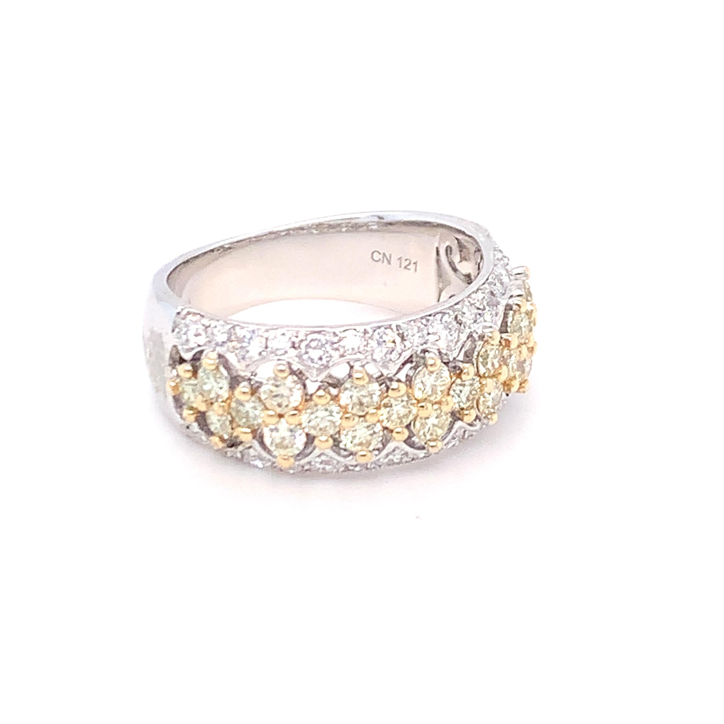 Women's 1.45 Carat Yellow & White Diamond Band Ring in 14K White Gold For Sale