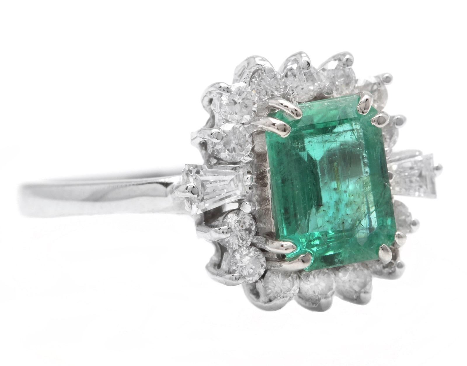 1.45 Carats Natural Emerald and Diamond 14K Solid White Gold Ring

Suggested Replacement Value: $2,500.00

Total Natural Green Emerald Weight is: Approx. 1.00 Carats 

Emerald Measures: Approx. 7.50 x 5.50mm

Natural Round & Baguette Diamonds