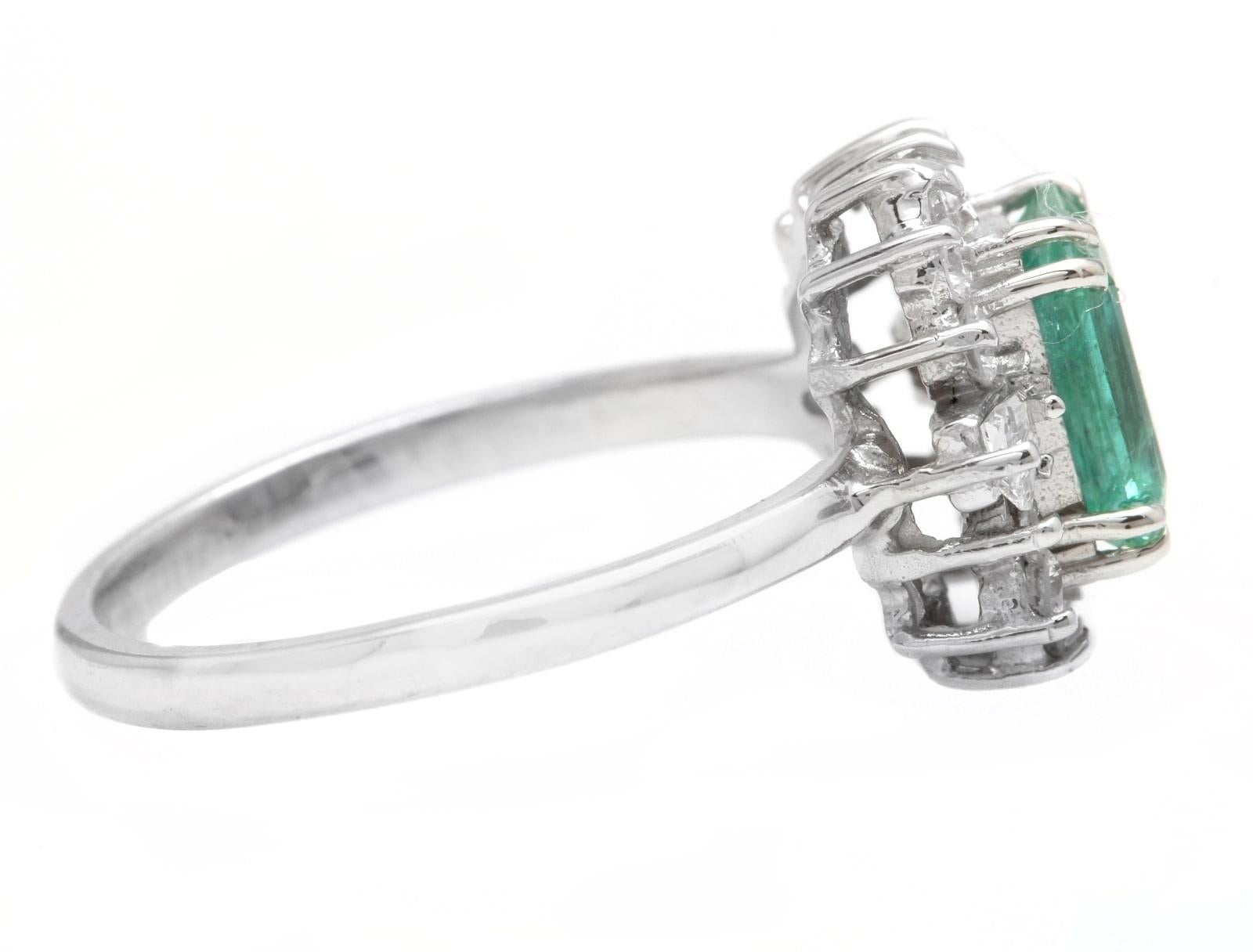 Mixed Cut 1.45 Carats Natural Emerald and Diamond 14K Solid White Gold Ring For Sale