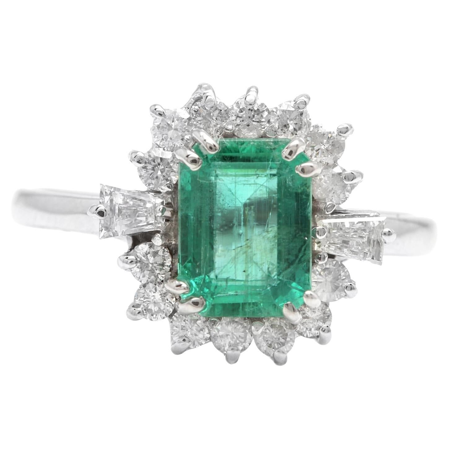 1.45 Carats Natural Emerald and Diamond 14K Solid White Gold Ring