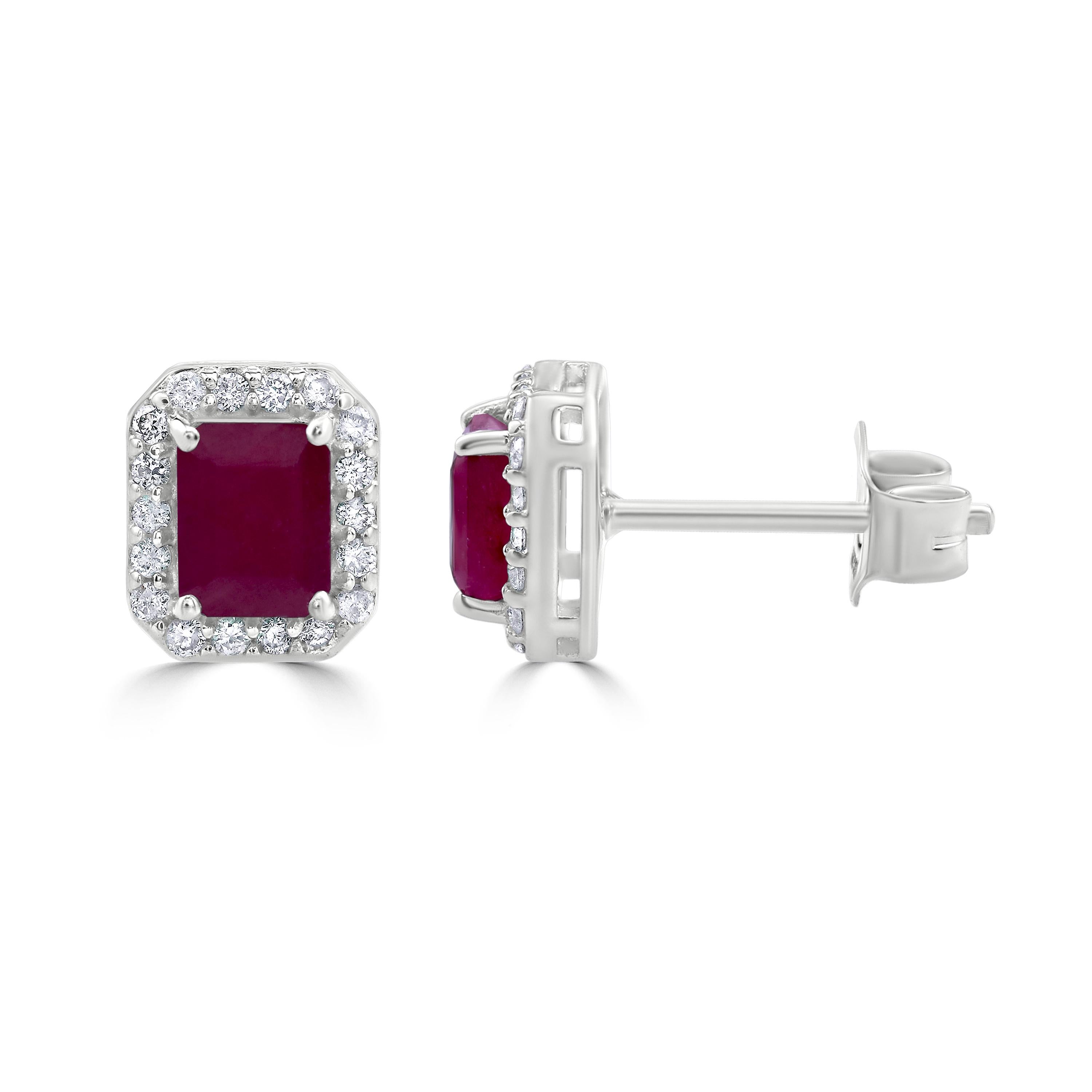 Contemporary Gemistry 1.45 Carats Octagon Ruby Stud Earrings with Diamond in 14K White Gold For Sale