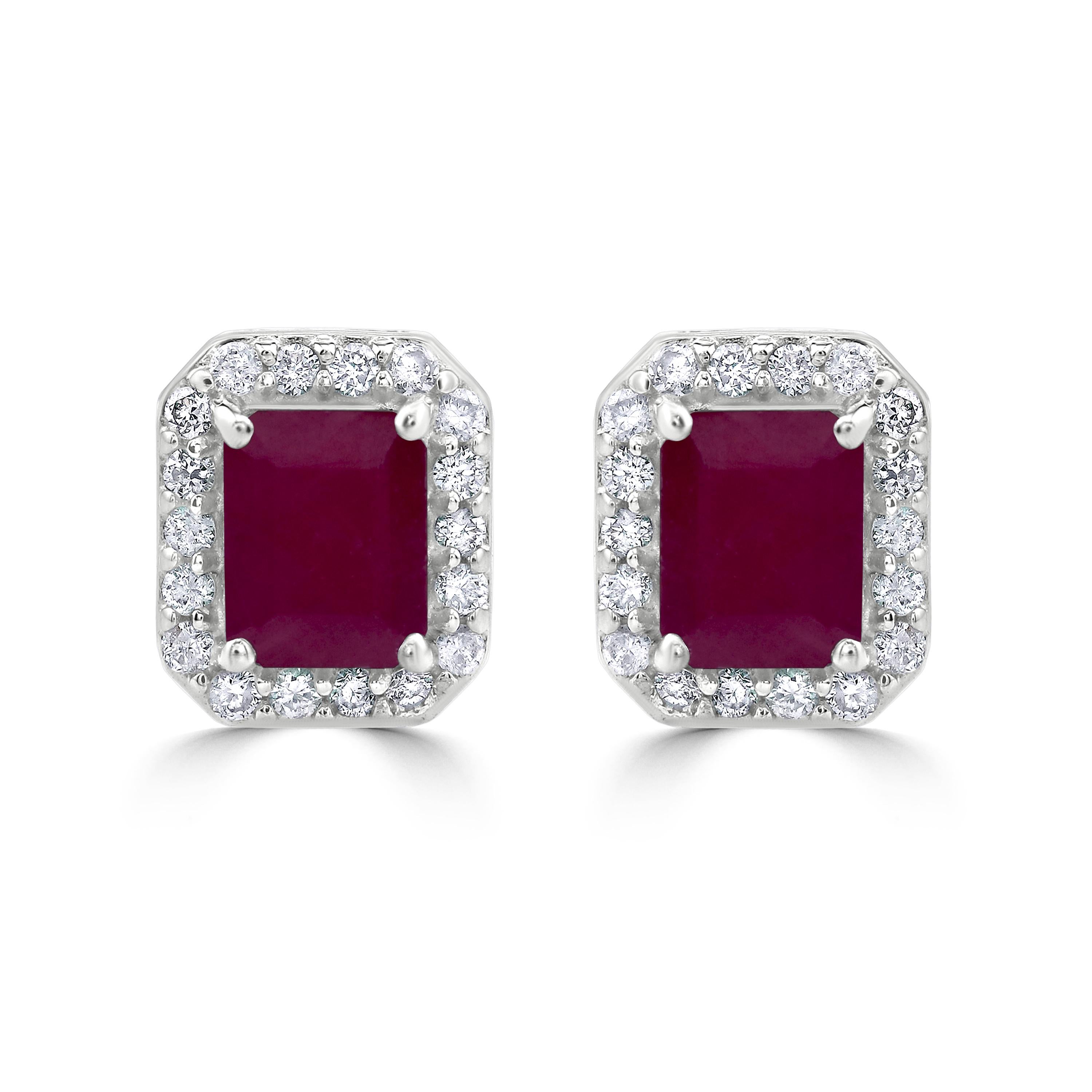 Octagon Cut Gemistry 1.45 Carats Octagon Ruby Stud Earrings with Diamond in 14K White Gold For Sale