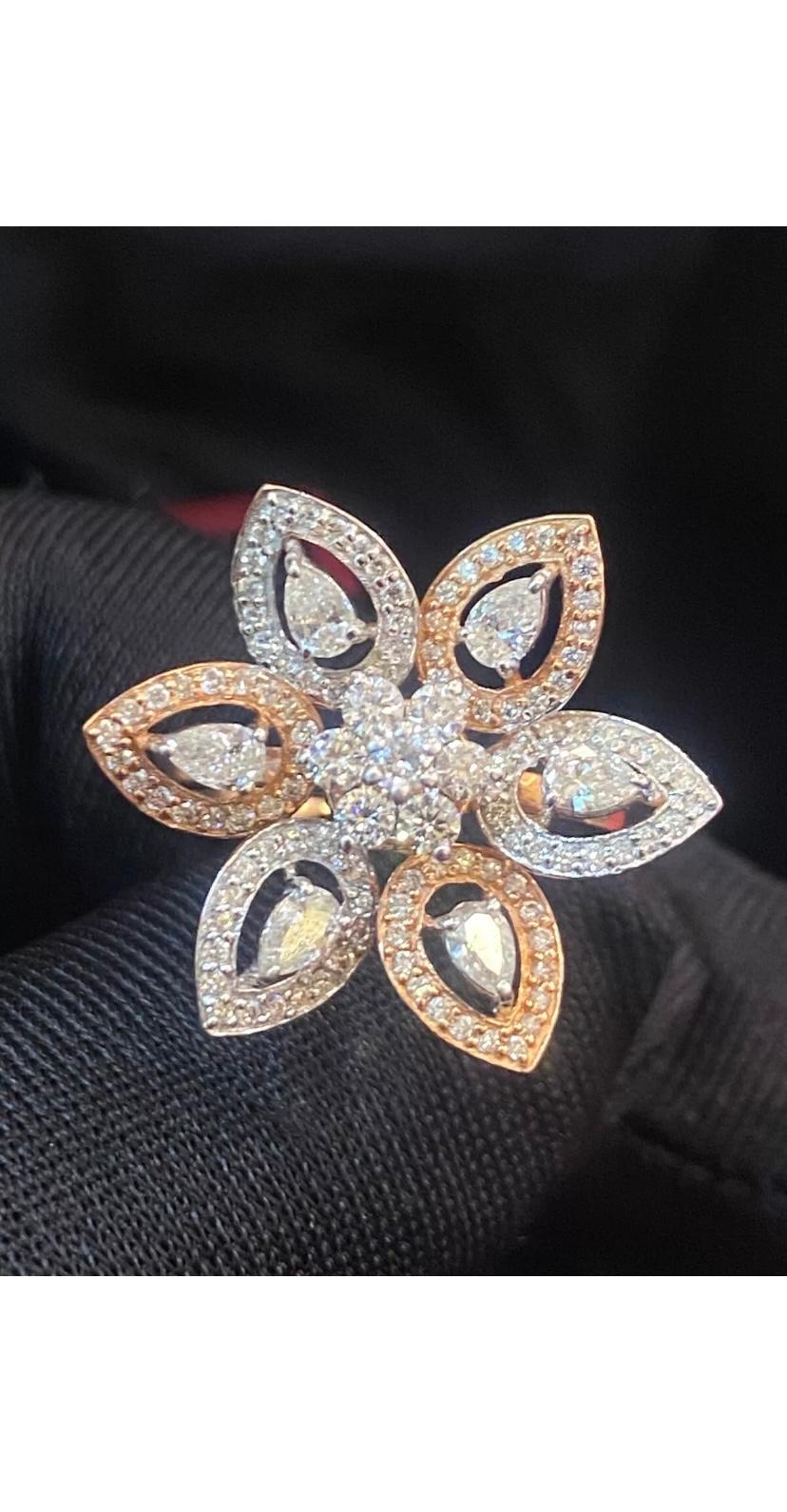 Mixed Cut 1.45 Carats Pear Round Shape Diamonds Floral  Gold Engagement Ring For Sale
