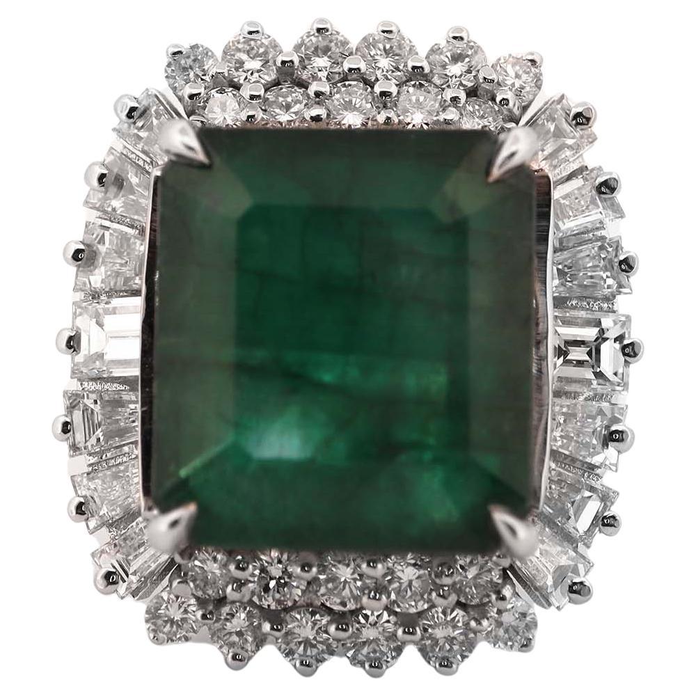 14.5 Carat Emerald and 3.16 Carat Diamond Ring For Sale