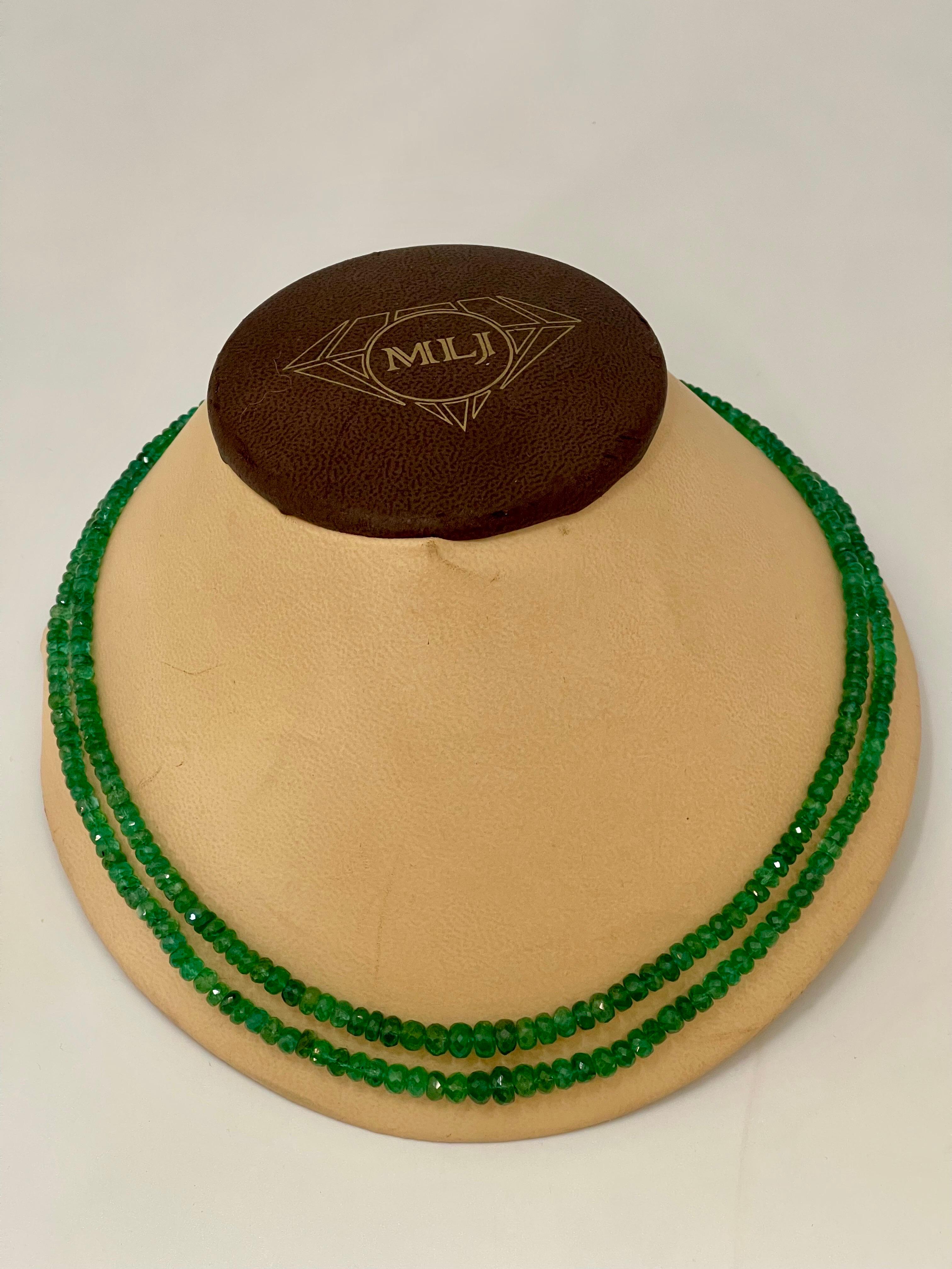 145 Ct Fine Natural Emerald Beads 2 Line Necklace with 14 Kt Yellow Gold Clasp 4