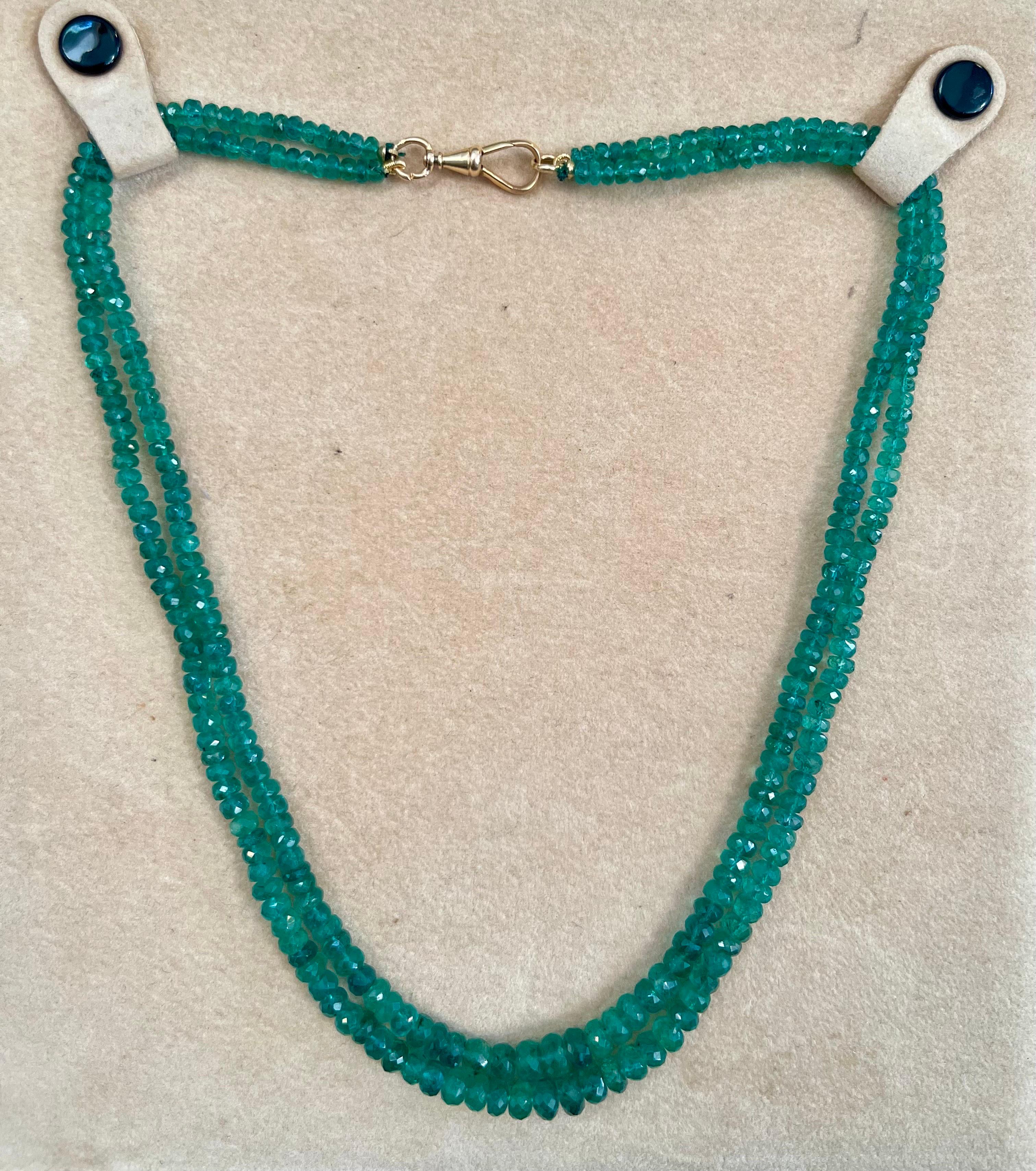 145 Ct Fine Natural Emerald Beads 2 Line Necklace with 14 Kt Yellow Gold Clasp In Excellent Condition For Sale In New York, NY